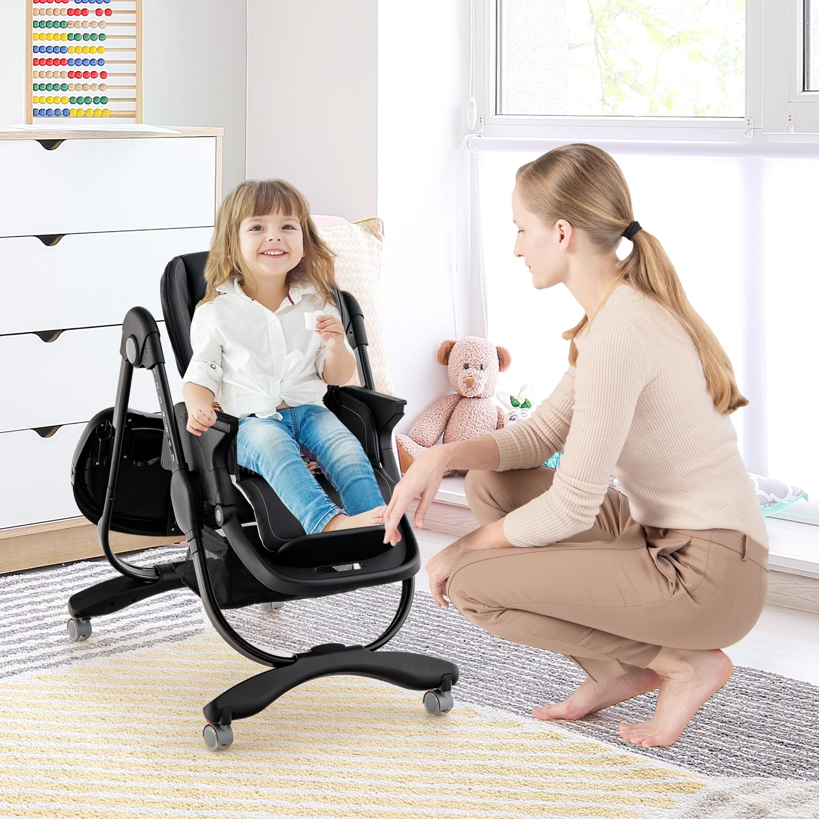 GOPLUS Trona para bebé con bandeja doble extraíble, respaldo ajustable, reposapiés y altura del asiento, silla de alimentación con ruedas y bolsa de almacenamiento para bebés de 6 a 36 meses (negro)