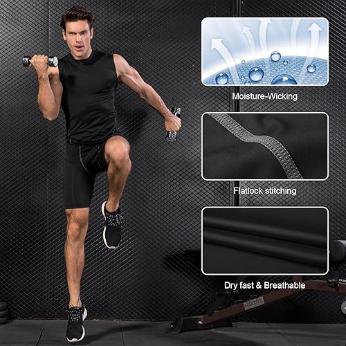 Miniatura 6 de Odoland Paquete de 5 camisas de compresión sin mangas para hombre, camiseta sin mangas de capa base atlética de ajuste seco, camisetas deportivas