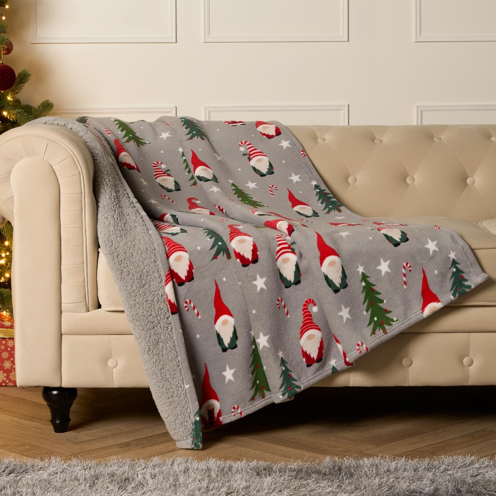 OHS Christmas Blanket Grey Sofa Throws, Super Soft Warm Winter Christmas Gonk Sherpa Fleece Blanket for Bed Christmas Decorations Fluffy Sherpa Reversible Single Bed Throw, 125 x 150cm