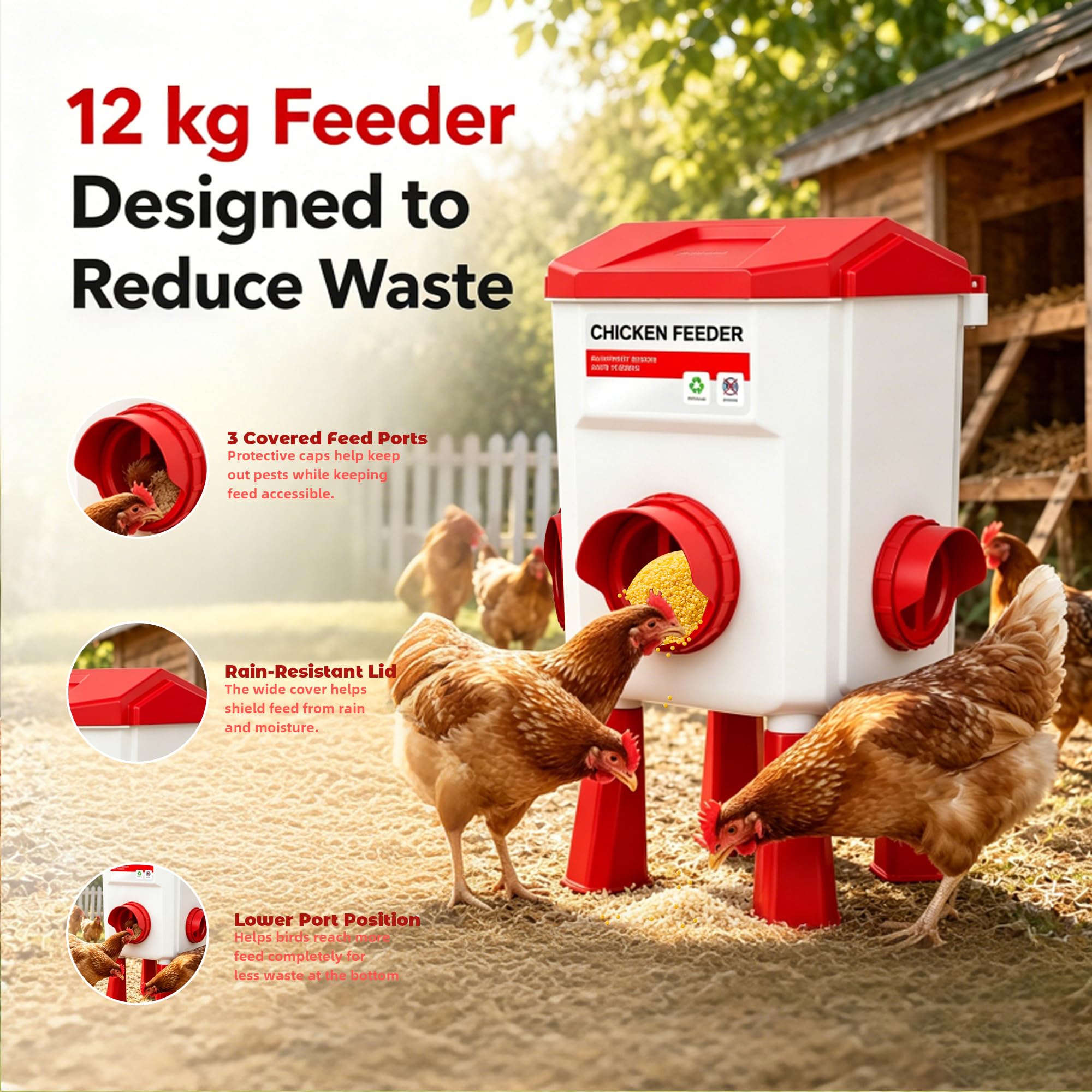 Futterautomat Hühner und Hühnertränke,12 kg/11 L | Wassertränke Hühner mit 4 Bechern und 3 Futteröffnungen,Geflügeltränke für Hennen Enten Geflügel,Hühnerzubehör
