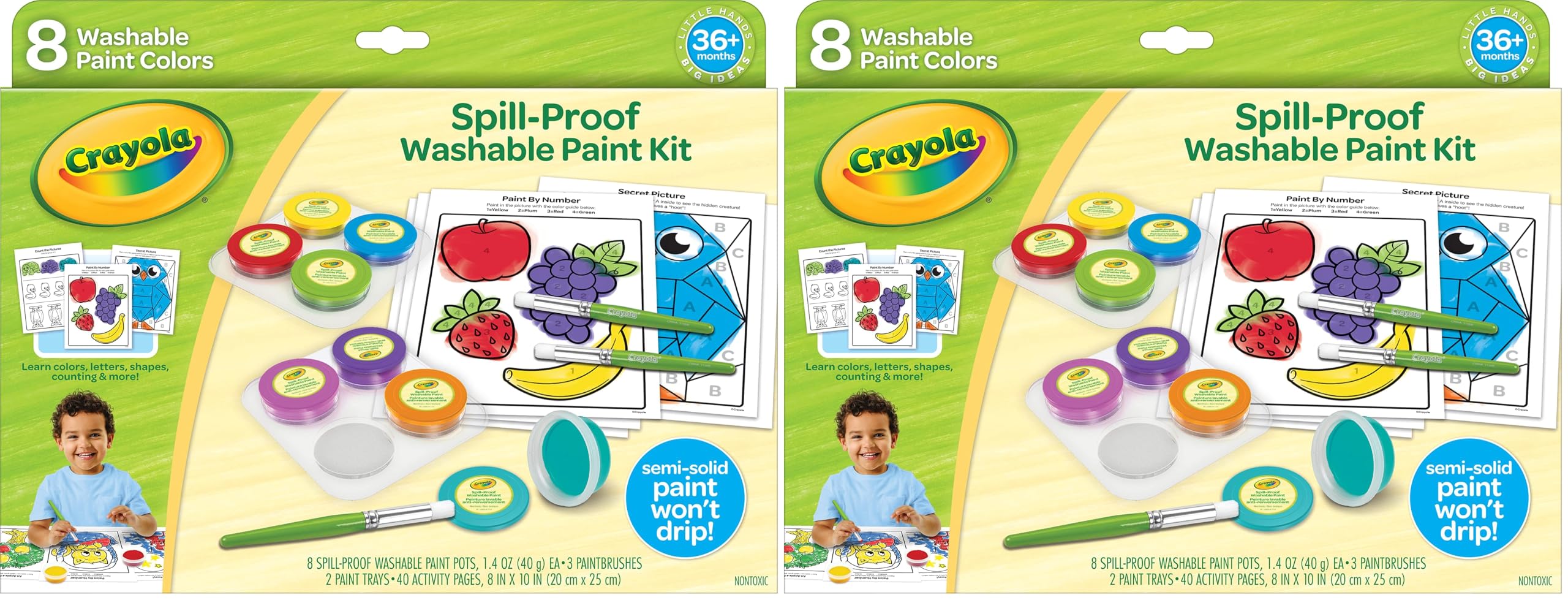 Crayola Spill Proof Paint Set (8ct), Stocking Stuffer & Holiday Gifts for Toddlers, Washable Toddler Paint Kit, With Brushes, Pots, Activity Pages, Ages 3+ (Pack of 2)