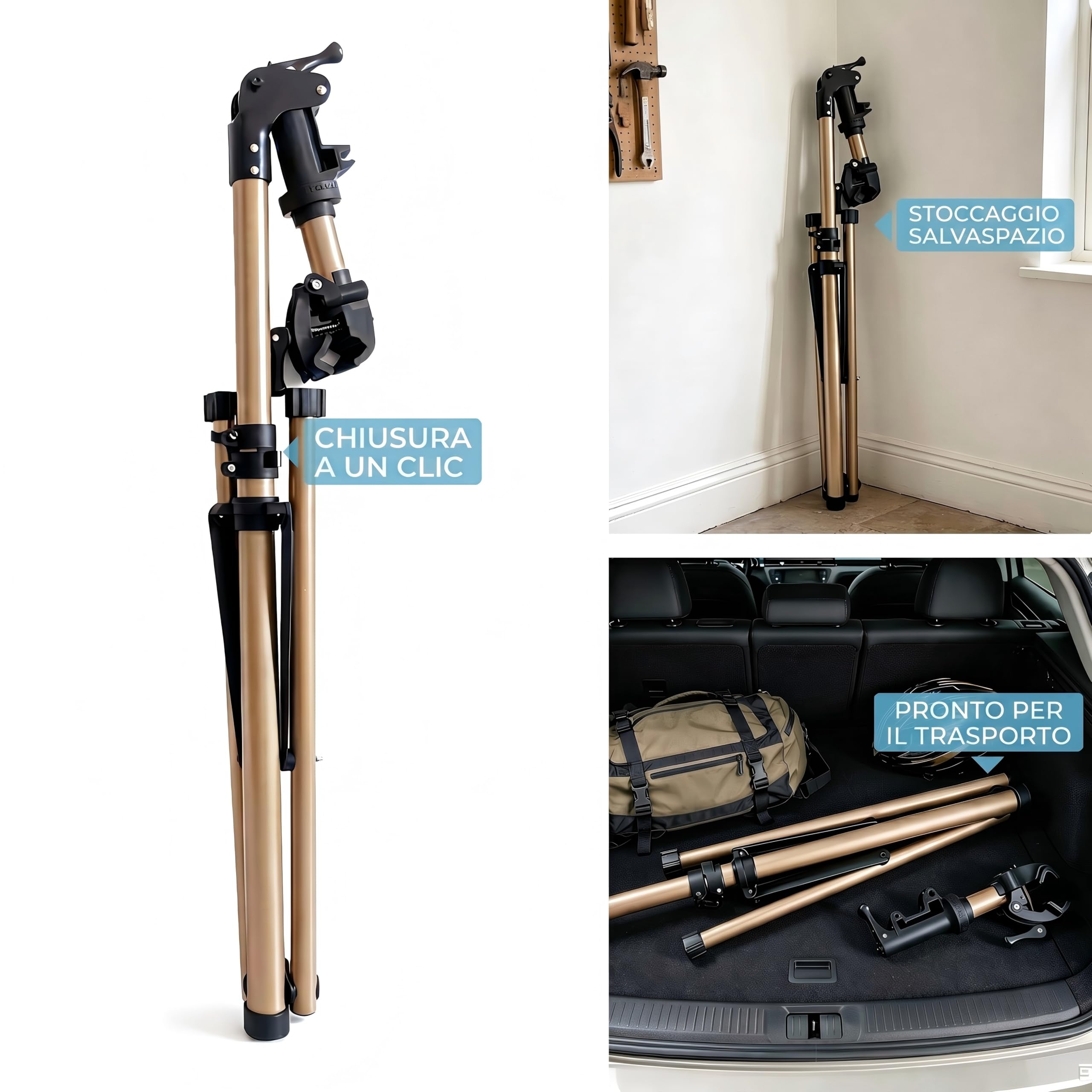 Cavalletto da Riparazione e Montaggio in Alluminio per Bici, Completamente Pieghevole, Doppio Blocco di Sicurezza, Compatto, Ultraleggero, Vassoio Magnetico per E-Bike/Mountain Bike