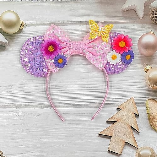 Miniatura 4 de Diademas de orejas de ratón de flores, orejas de lentejuelas con margarita, girasol, mariposa, orejas de ratón, aro de pelo, diadema de cabeza de