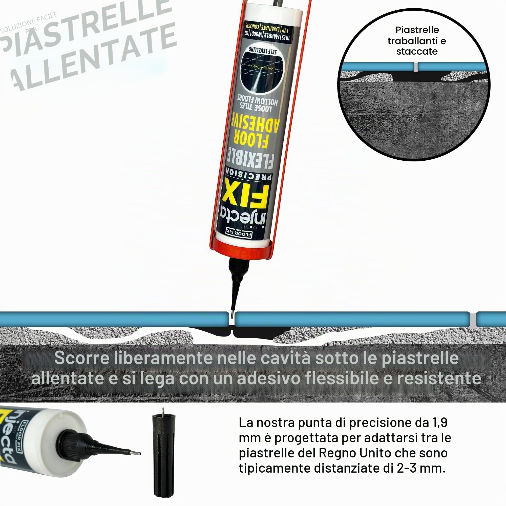 Inject-A-Fix 300 ml Da Floor-Fix Pro - Adesivo Flessibile Autorivestente Forte - Fissa Piastrelle Allentate E Pavimenti Cavi - Include Un Beccuccio Regolabile Precision Da 2 Mm (1) (1)