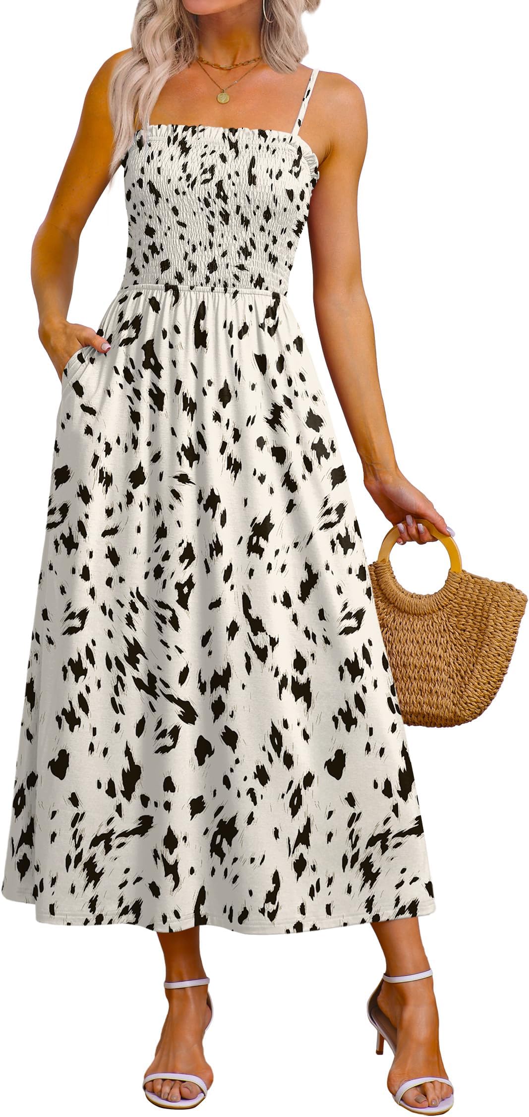 Womens Spaghetti Strap Maxi Dresses Smocked with Pockets 2026 Summer Spring Casual Boho Beach Long Sundresses