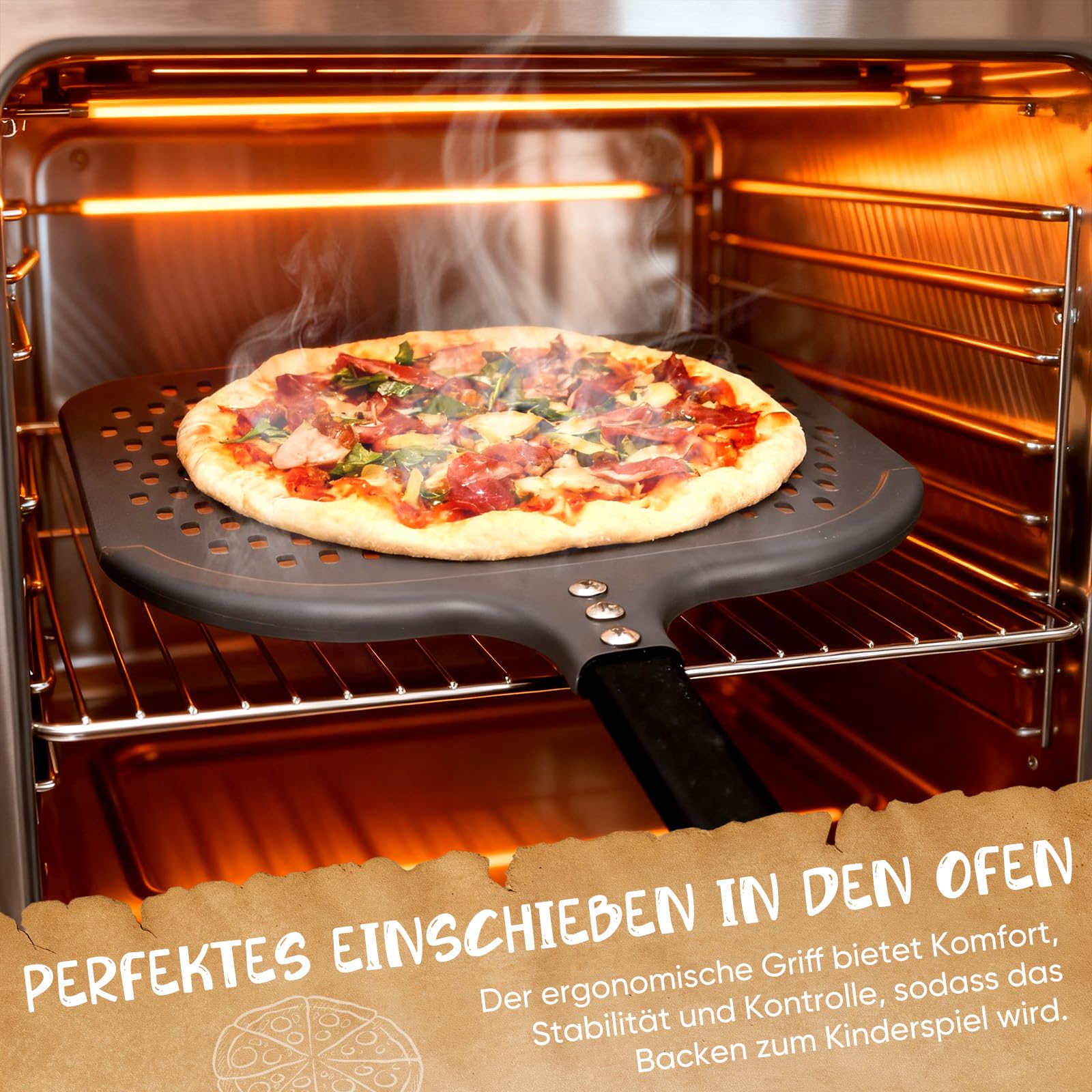 Pala per pizza [38,5 x 30,5 x 72,5 cm), pala per pizza in alluminio nero, non si attacca grazie al rivestimento antiaderente per forno e pietra per pizza