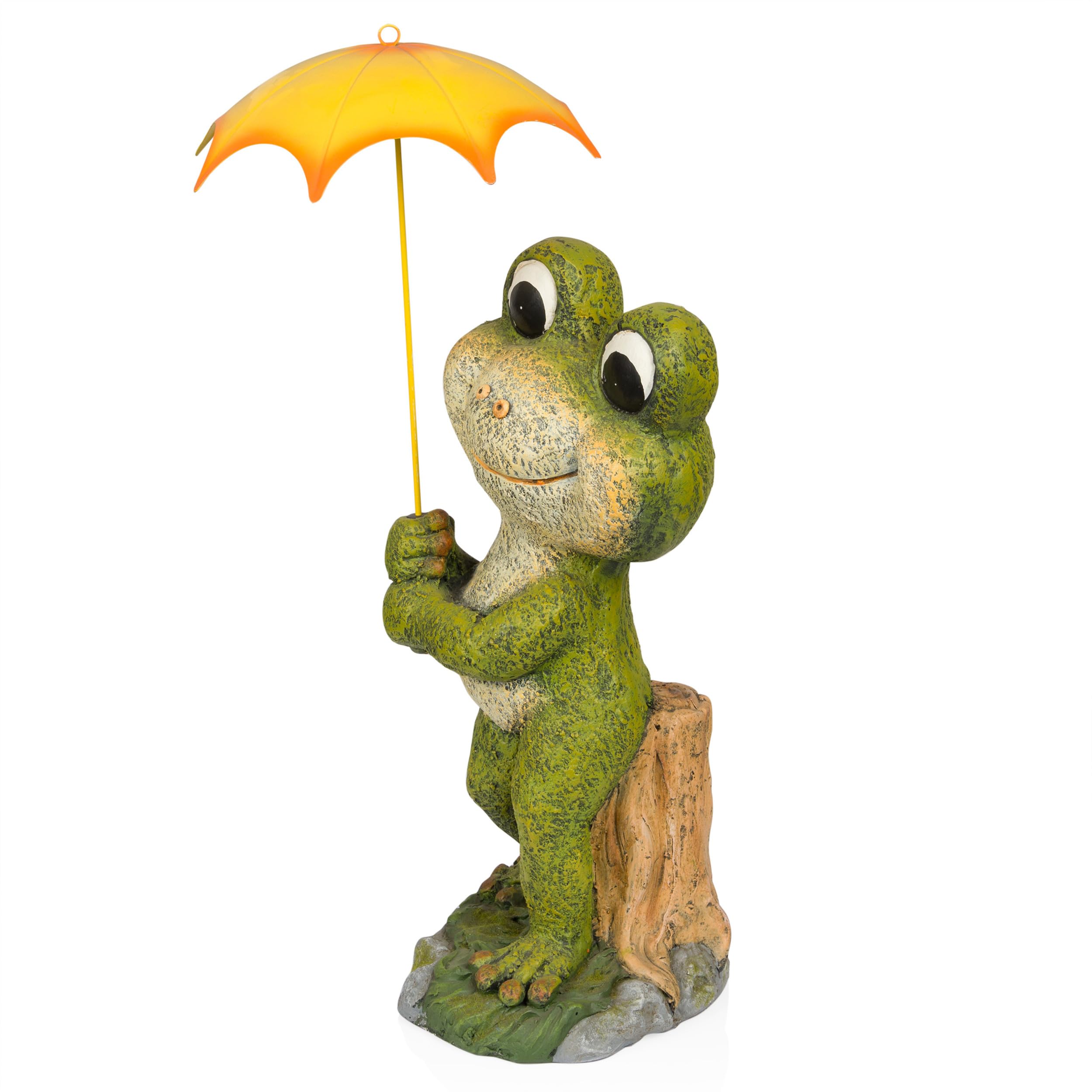 frog patio umbrella stand Alpine Corporation QWR1004 Indoor/Outdoor Smiling with Yellow Garden Statue, Playful Frog Statue, 23