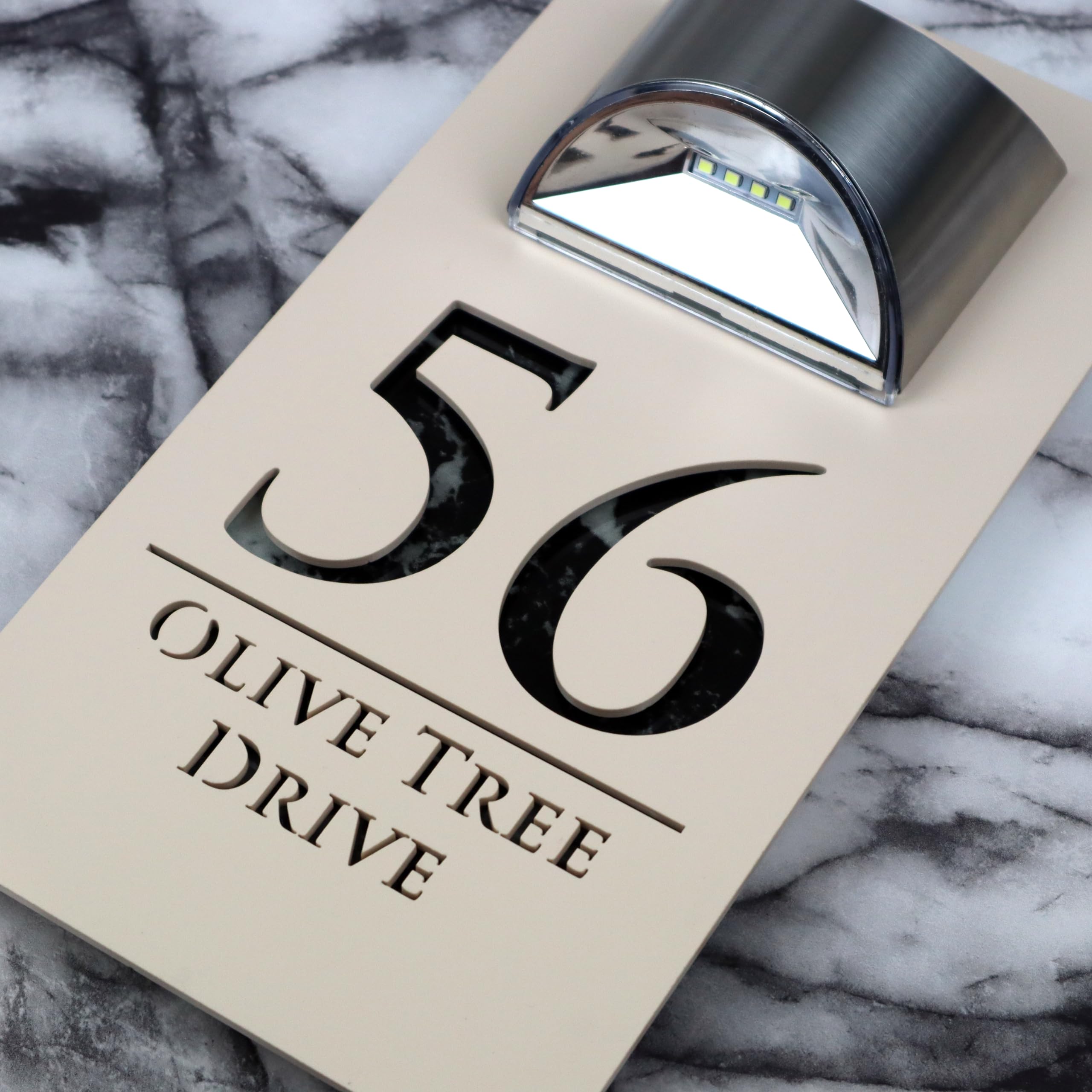 K Smart Sign | Bellissima LED F32 | Contemporary House Signs Plaques Door Numbers 1-9999 Street Name SOLAR LIGHT LED For Wall Personalised Laser Cut Mirror! (Matt Khaki Cream & Black Marble) — image 1
