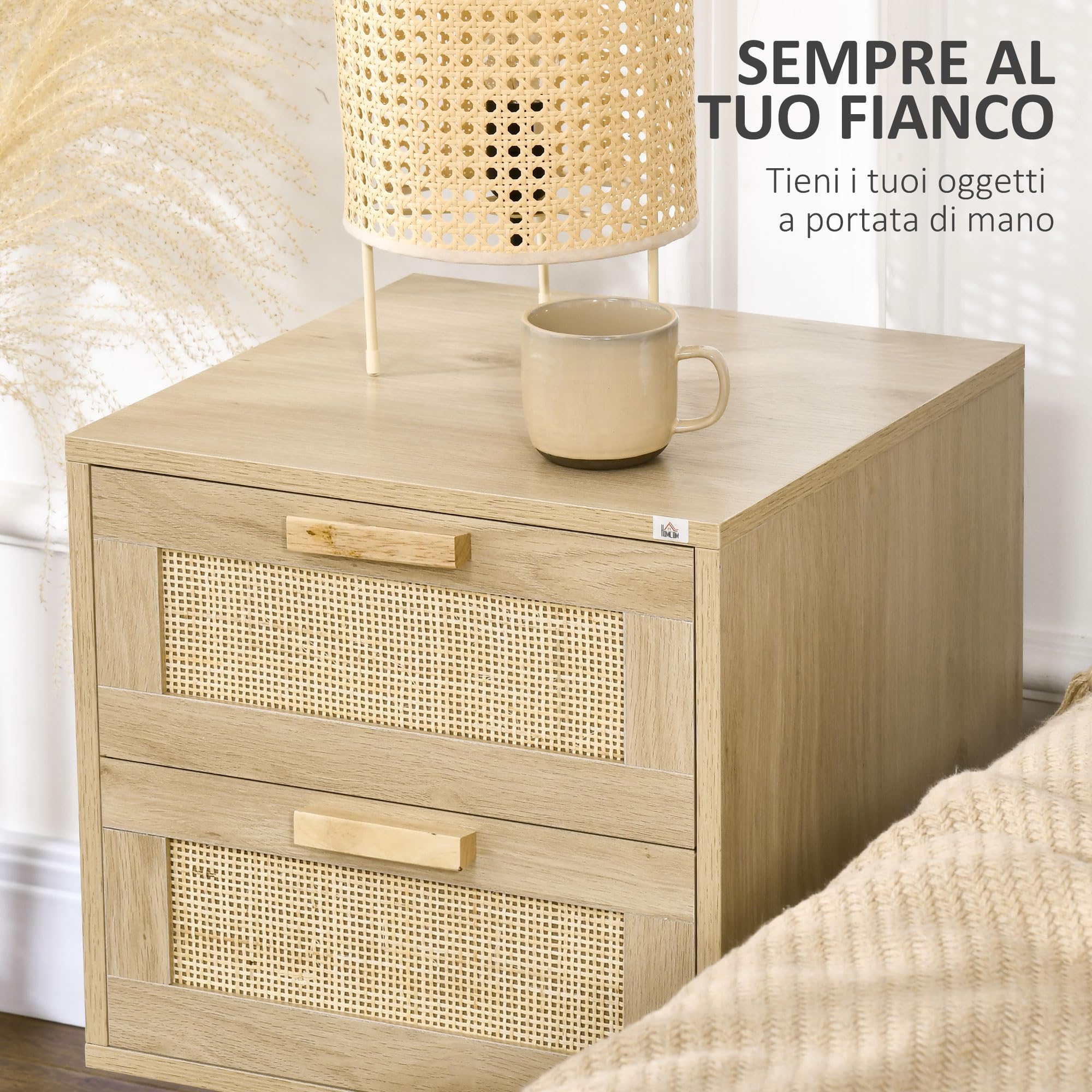 HOMCOM Set di 2 Comodini per Camera da Letto, Comodini Stile Boho Eleganti con 2 Cassetti, 40x40x56cm, Colore Legno Naturale