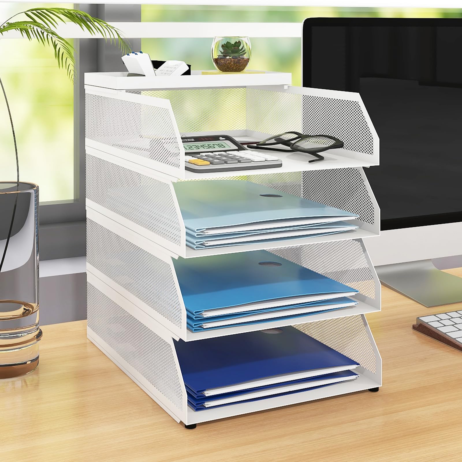 PUNCIA Vassoio per Lettere in Metallo a 4 Livelli Organizer da Scrivania per Ufficio Supporto da Scrivania per Accessori per Lettere di Carta 25x32x31,5CM per l'Ufficio Domestico e Scolastico(Bianco)