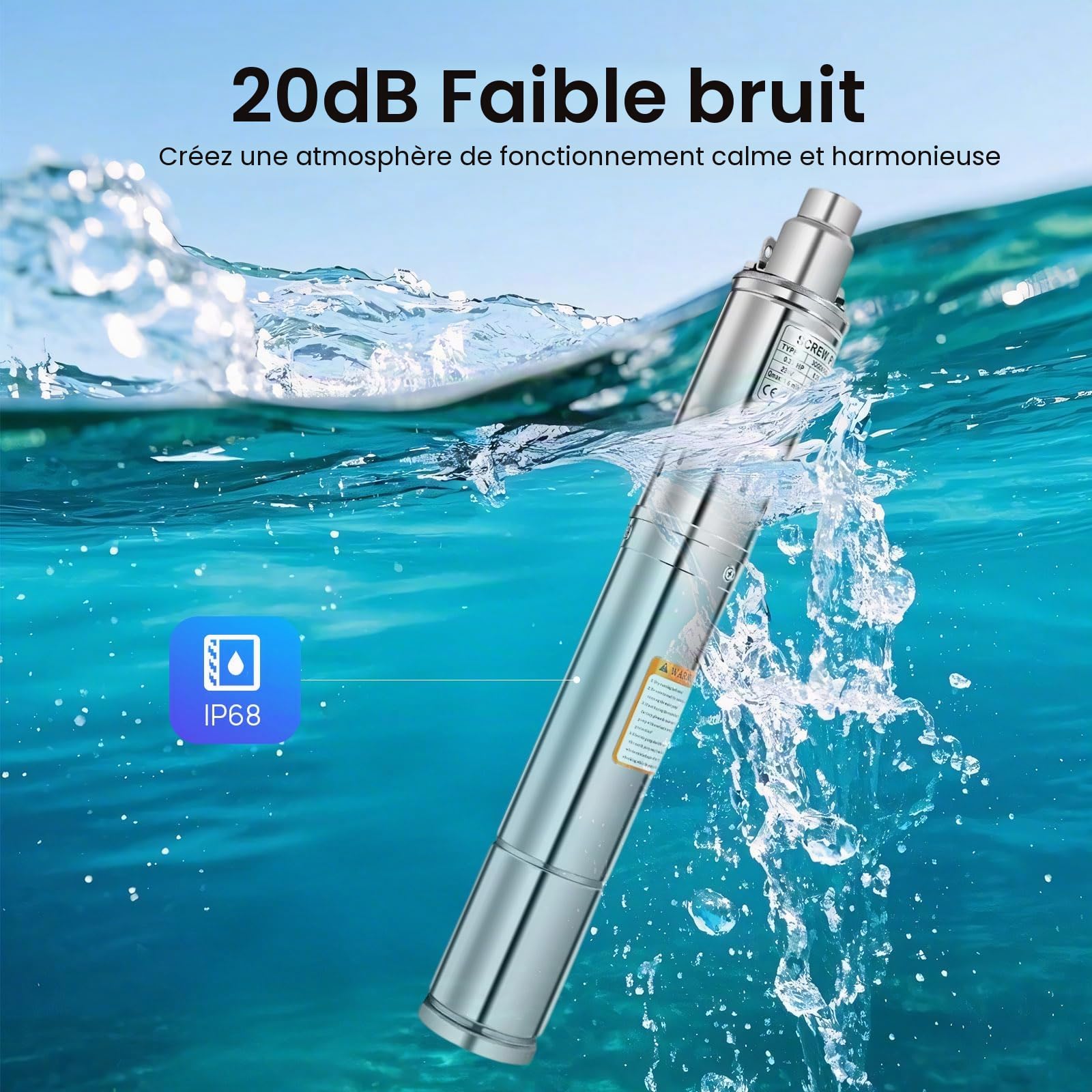 Pompe de puits, pompe de puits profond, 250 W, acier inoxydable 304, hauteur de refoulement 80 m, 1600 l/h, IP68, câble de 20 m, silencieuse 20 dB, raccord de 2,5 cm, pour arrosage de jardin, réseau