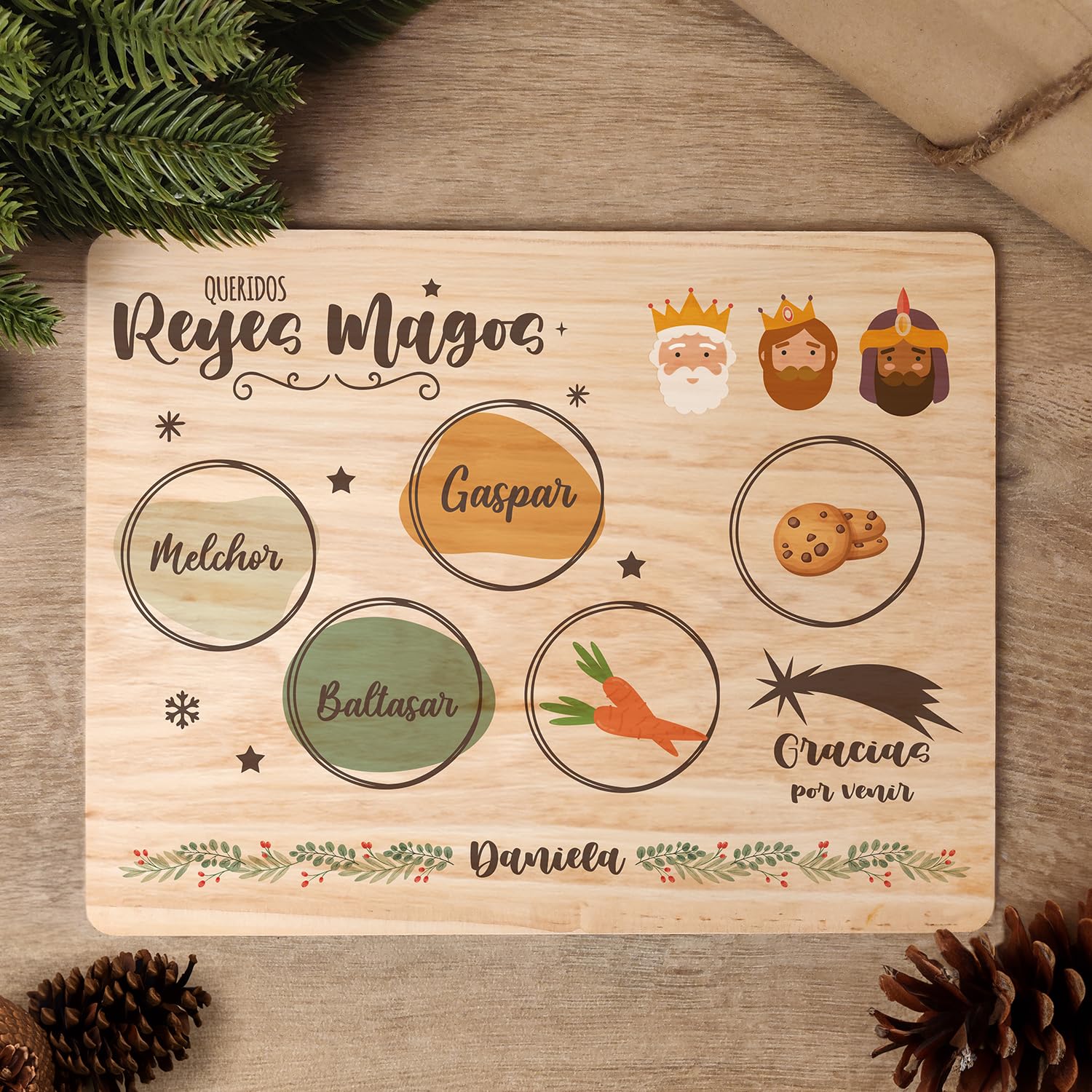 Bandeja Navidad Personalizada Reyes Magos Santa Claus Papa Noel Nombre Bienvenida Madera Decoracion Galletas Leche Agua Camellos (Reyes Magos Color)
