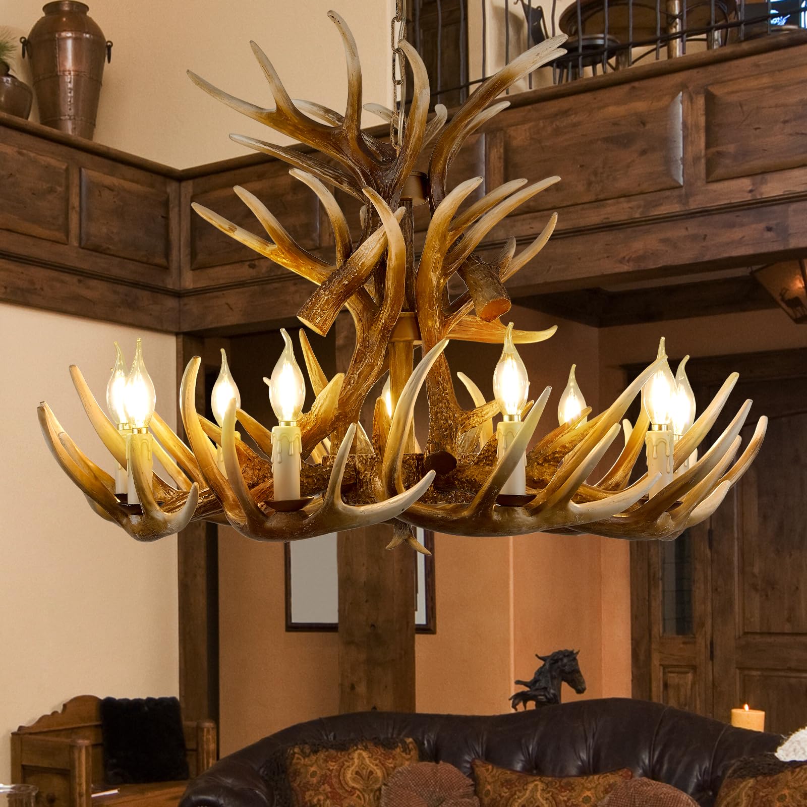 deer antler chandelier lighting,large deer rustic farmhouse chandelier light fixtures for dining room living room kitchen island bedroom entryway foyer (9 lamp arms + 6 arms)