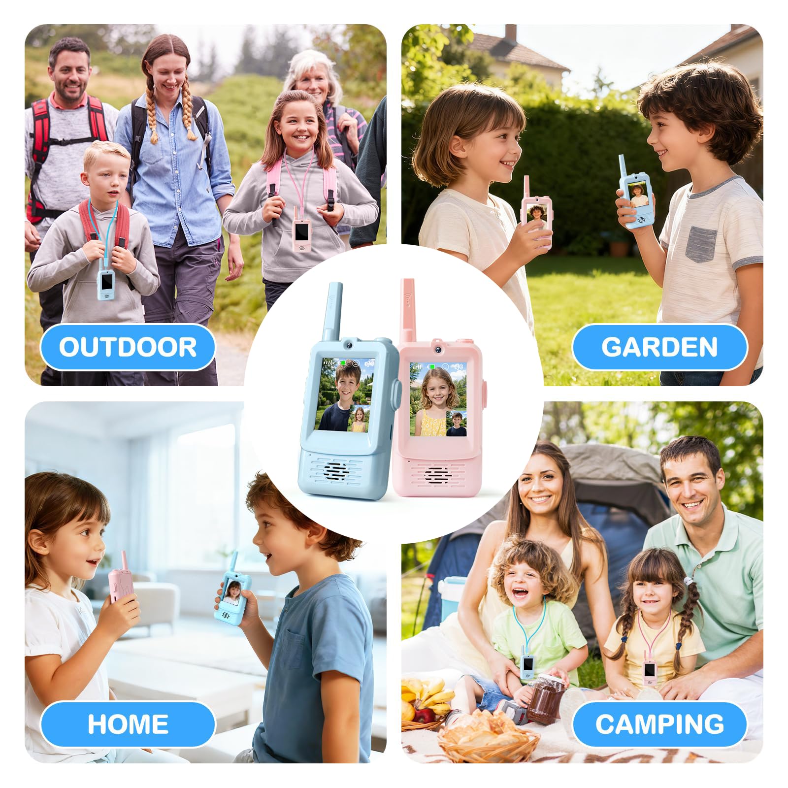 Kangtaixin HD Video Walkie Talkie Kinder, 2er Set Walkie Talkie Kinder Aufladbar, Geschenk Mädchen Junge 3 4 5 6 7 8 Jahre Spielzeug Junge und Mädchen, Walki Talki für Abenteuer im Freien (Blau+Rosa)