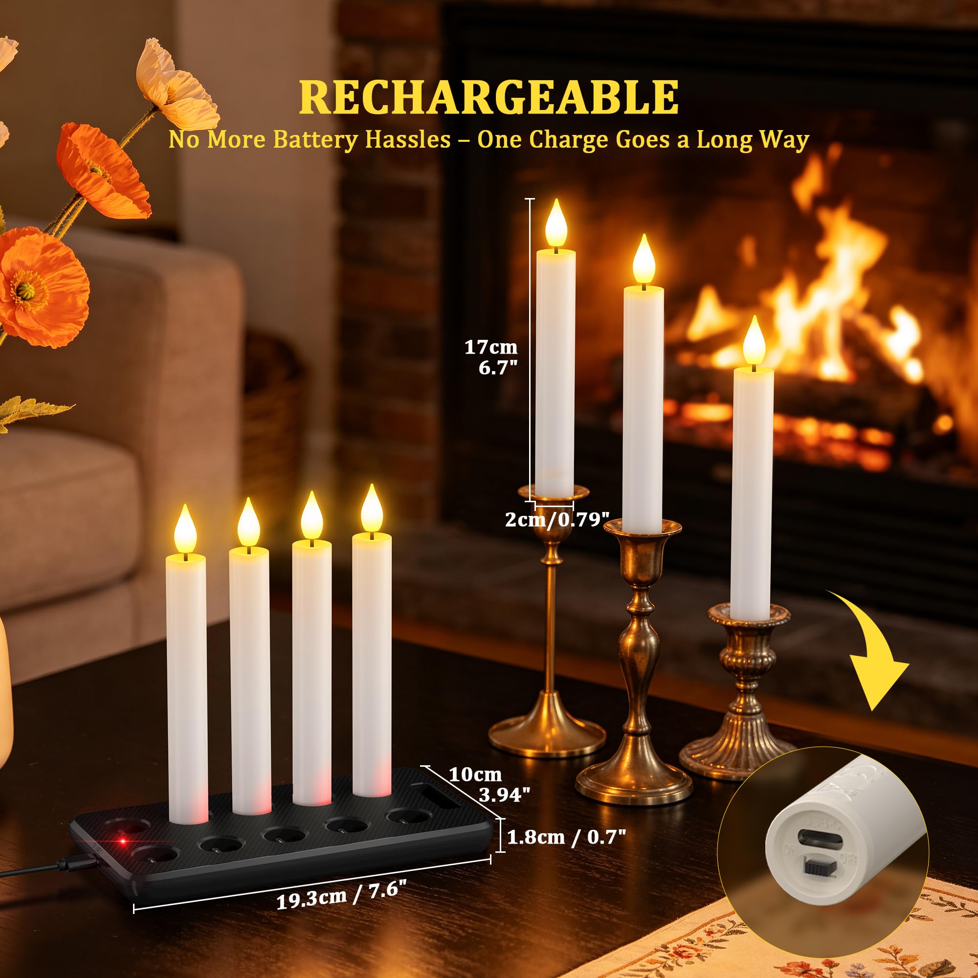 SoulBay 10er LED Kerzen Aufladbar mit Fernbedienung & TImer & Ladestation | 17cm LED Stabkerzen Flackernde Flamme, USB-C Wiederaufladbare Elektrische Kerzen für Wohnzimmer Halloween Deko Weihnachten