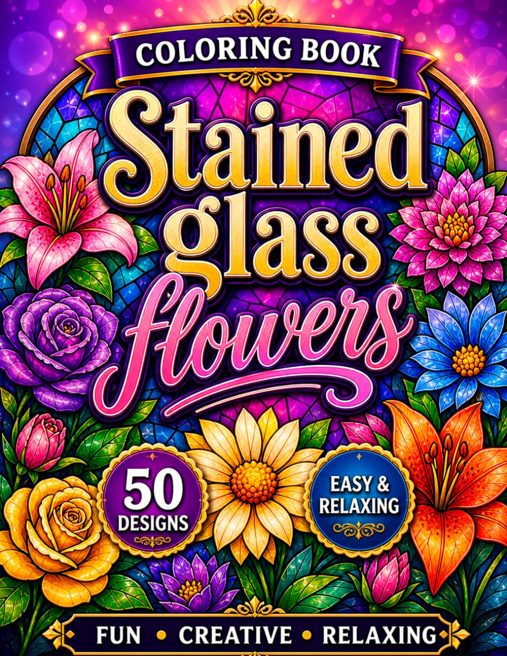 Stained Glass Flowers Coloring Book: Beautiful Floral Designs Inspired by Stained Glass Art for Relaxation, Mindfulness and Creative Coloring Experience