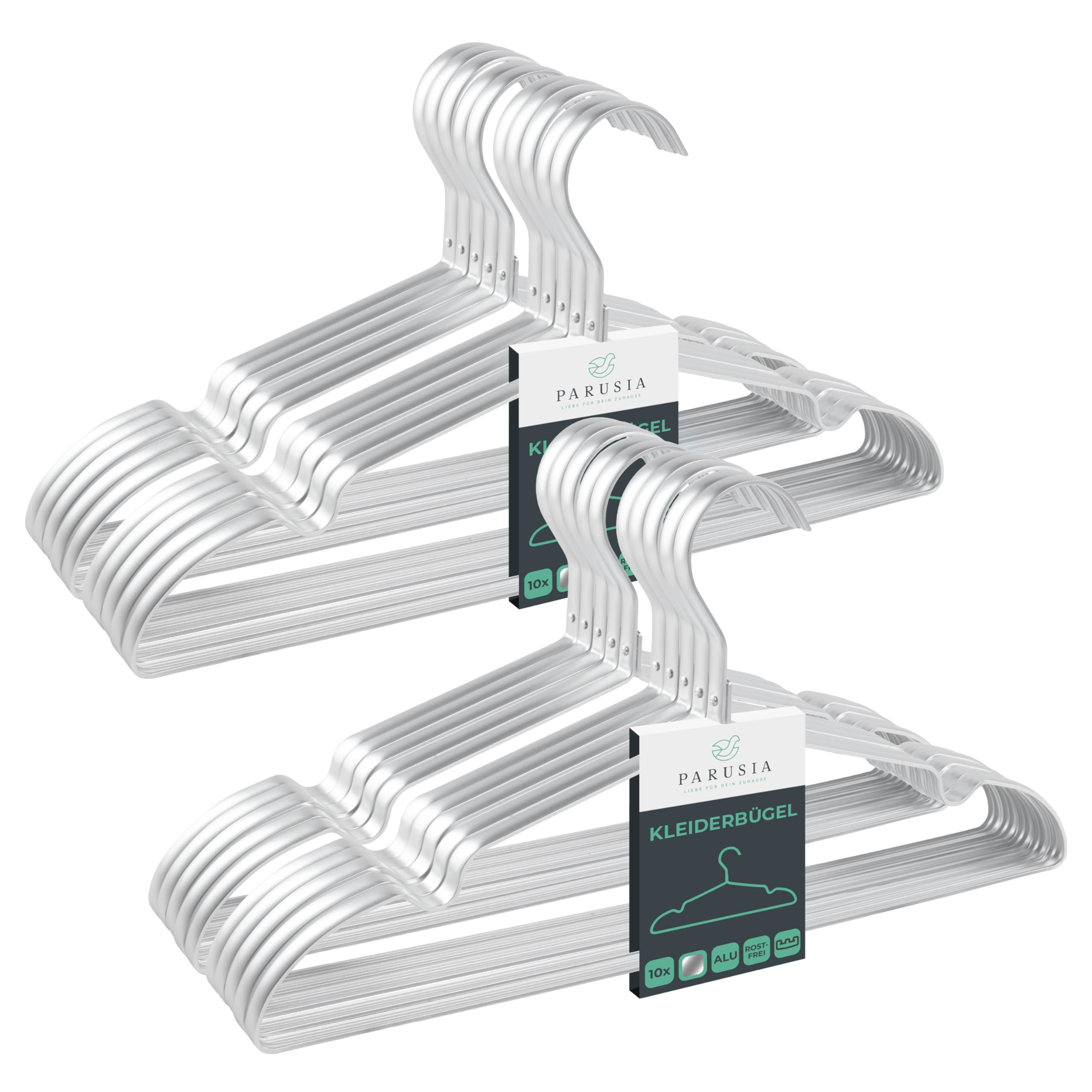Parusia Kleiderbügel Silber, 42cm breit, 1cm stark, Kleiderbügel Metall rostfrei, formstabil, zur platzsparenden Kleideraufbewahrung & Organisation von Kleiderschrank, Kleiderständer (20)