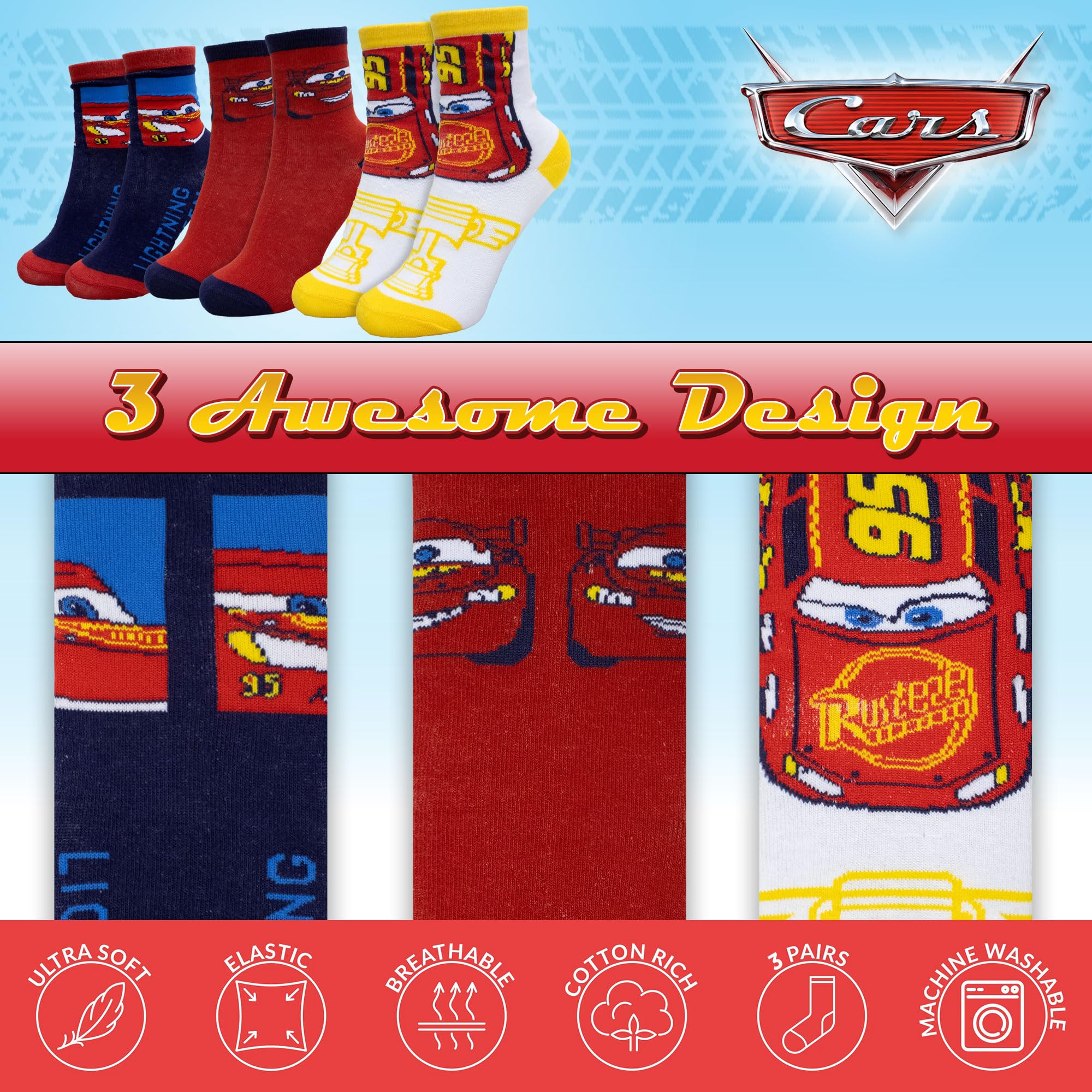 Disney Calcetines para niño Cars Rayo set 3 pares de calcetines de algodón niño 7115