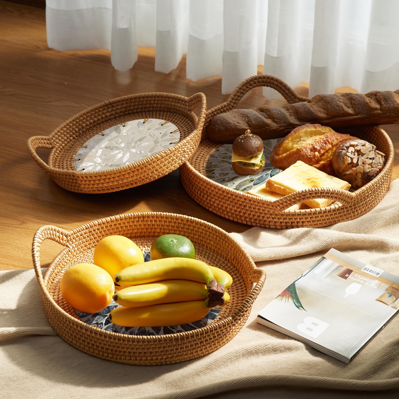 Amazon.com: Round Rattan Tray Set (3-Piece) with Mother of Pearl