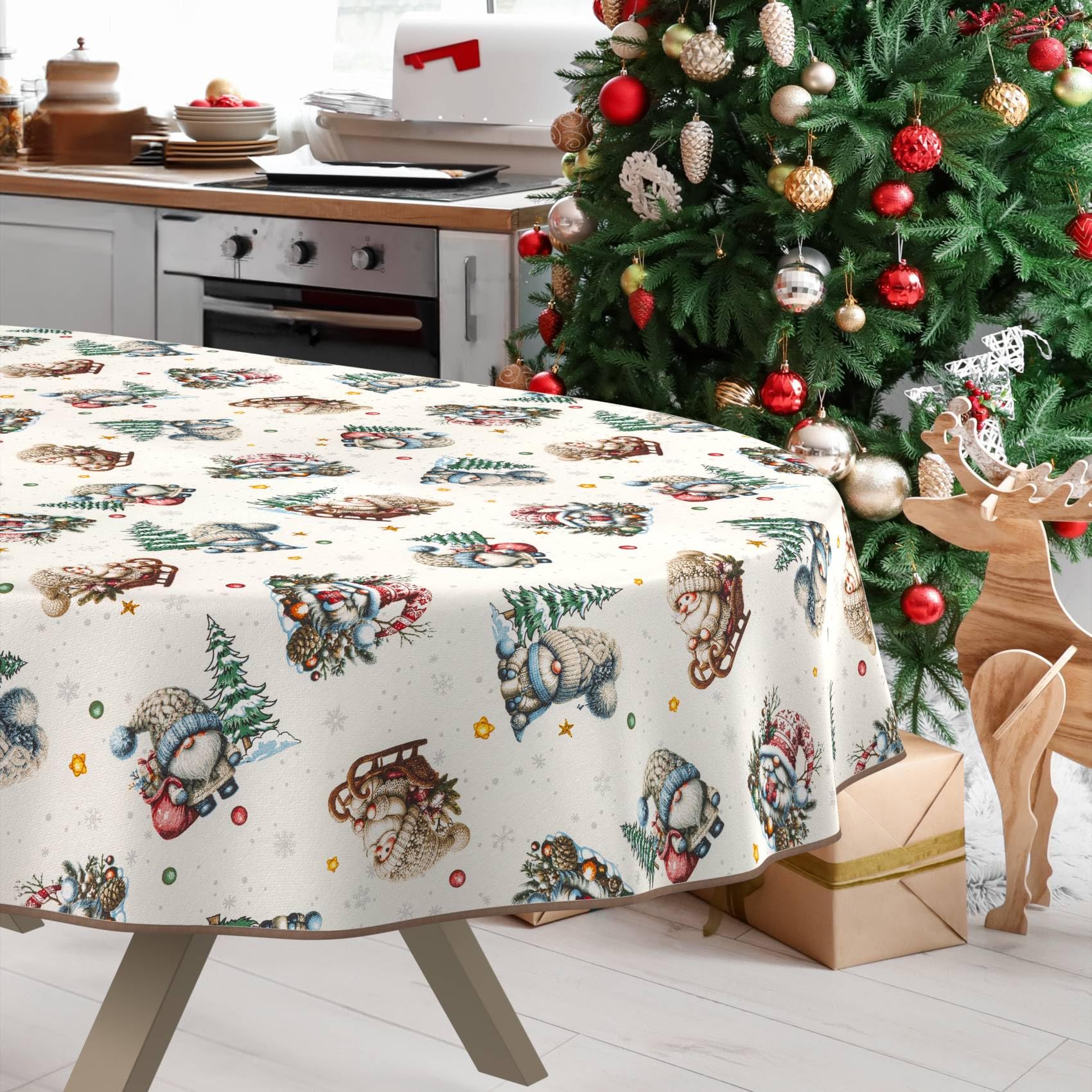 Mantel de Navidad, lavable, impermeable, antimanchas, mantel de algodón, poliéster, Papá Noel, ovalado, 280 x 140 cm, para interior y exterior