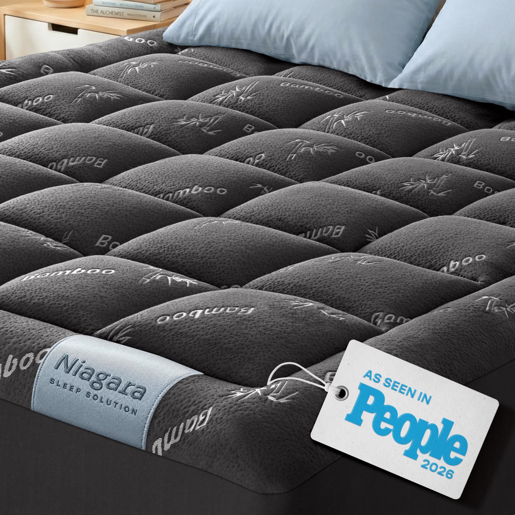 Niagara Sleep Solution Ultra Soft Queen Size Mattress Topper - Rayon Derived from Bamboo Pillow Top Mattress Pad for Back Pain Relief - Naturally Cooling for Hot Sleepers, Dark Gray