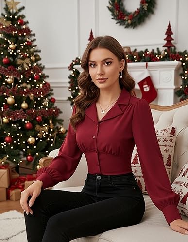 Miniatura 6 de GRACE KARIN Tops de manga larga para mujer, casuales de negocios, elegantes blusas peplum con botones, camisas de trabajo elegantes con cuello para