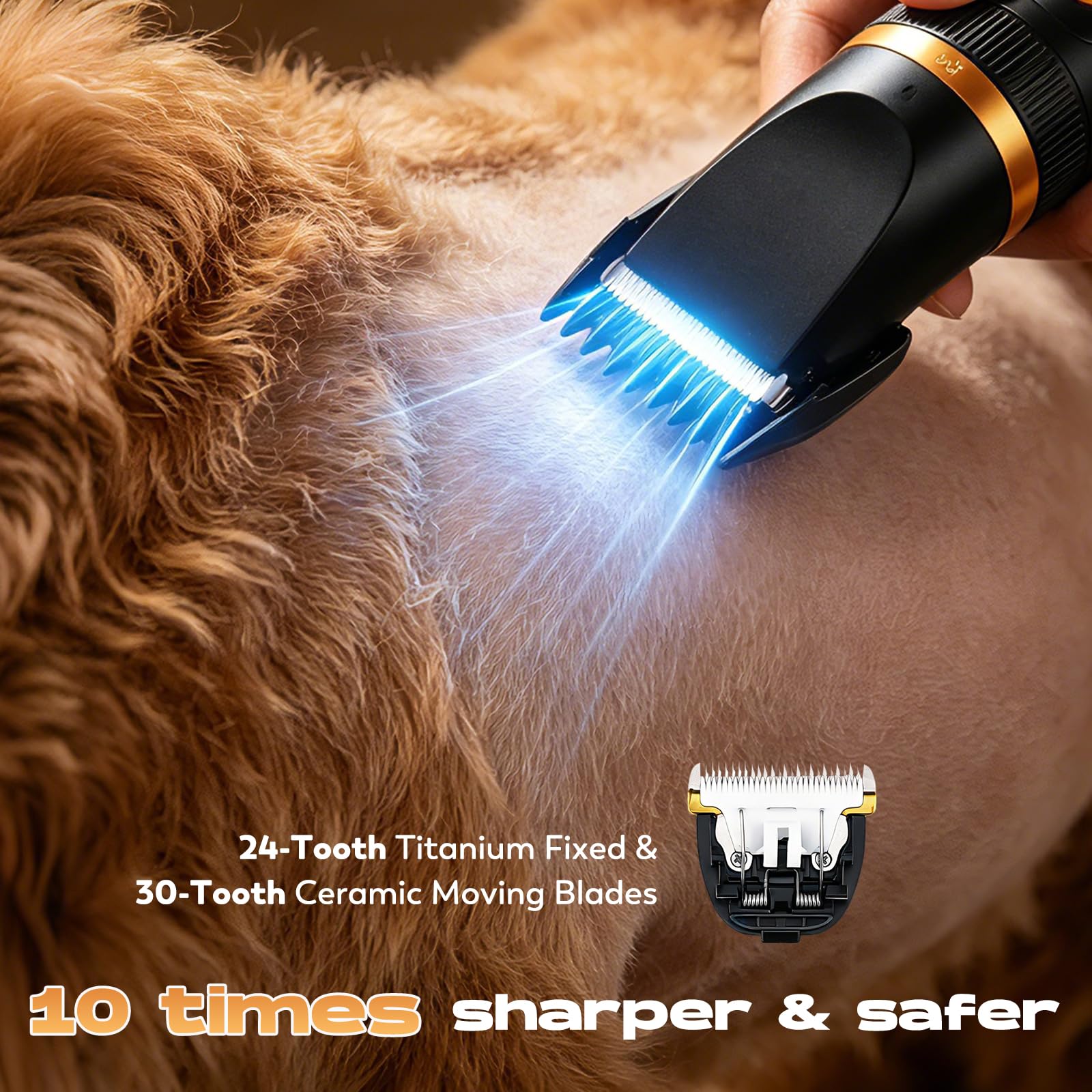 CGOLDENWALL Cortapelo Perros Inalambrico, 6500-7500RPM, Perros Gatos | Cuchillas Titanio Ceramica, 210min Autonomia, 4 Peines, Carga USB, Dorado