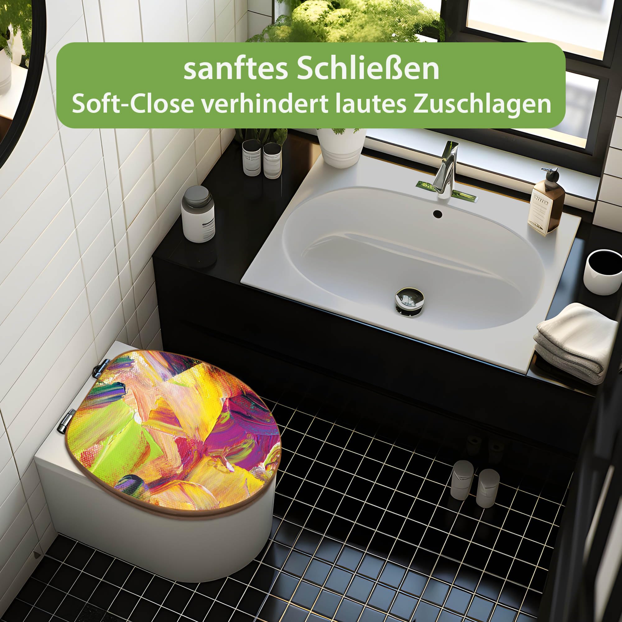 banjado Design WC Sitz Bambus Absenkautomatik 45,8x37,5cm - Toilettendeckel mit Absenkautomatik Holz - hochwertiger Bambus Klodeckel - WC-Sitz für gängigen Toiletten - Motiv Farbe auf Leinwand