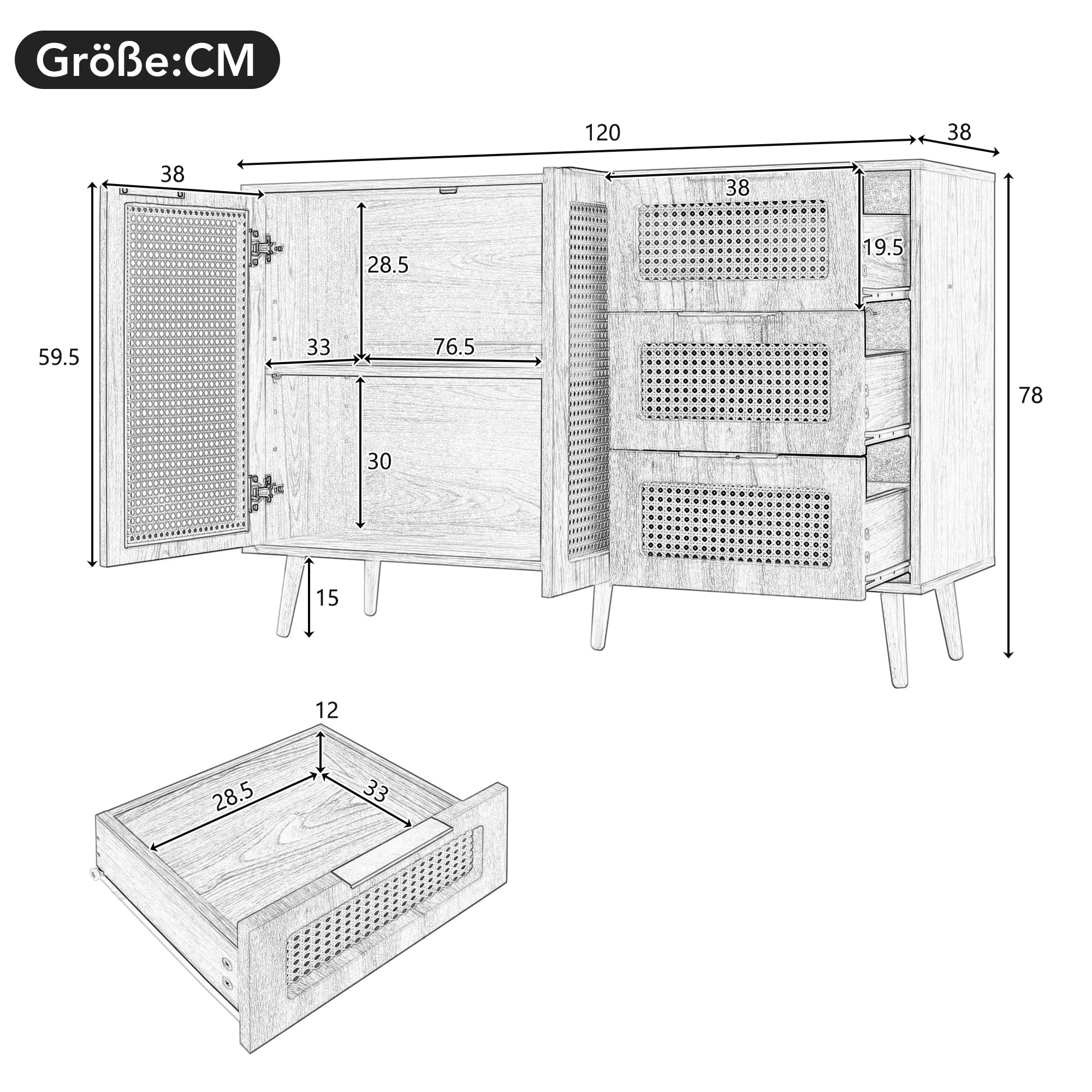 Moimhear Aparador vintage de ratán con 2 puertas y 3 cajones, equipado con asas negras para comedor, cocina y salón (nogal)