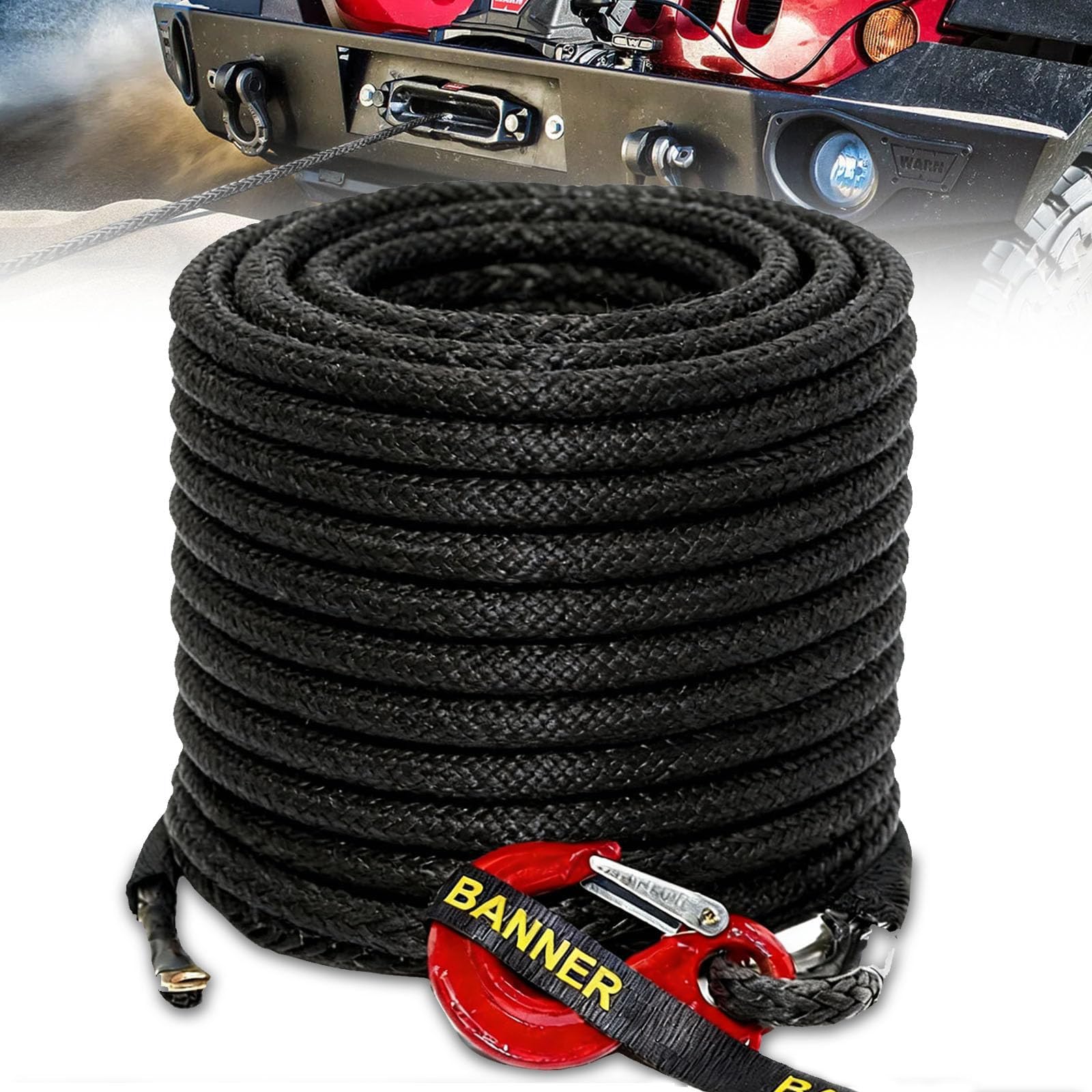 Cuerda de Remolque para Coche, Cabestrante 15m Largo 8mm Diámetro Cuerda Sintética de 12 Hilos 6000kg / 13228 Libra Cuerda de Plástico Cuerda de Remolque con Gancho Metálico para SUV ATV UTV, Negro