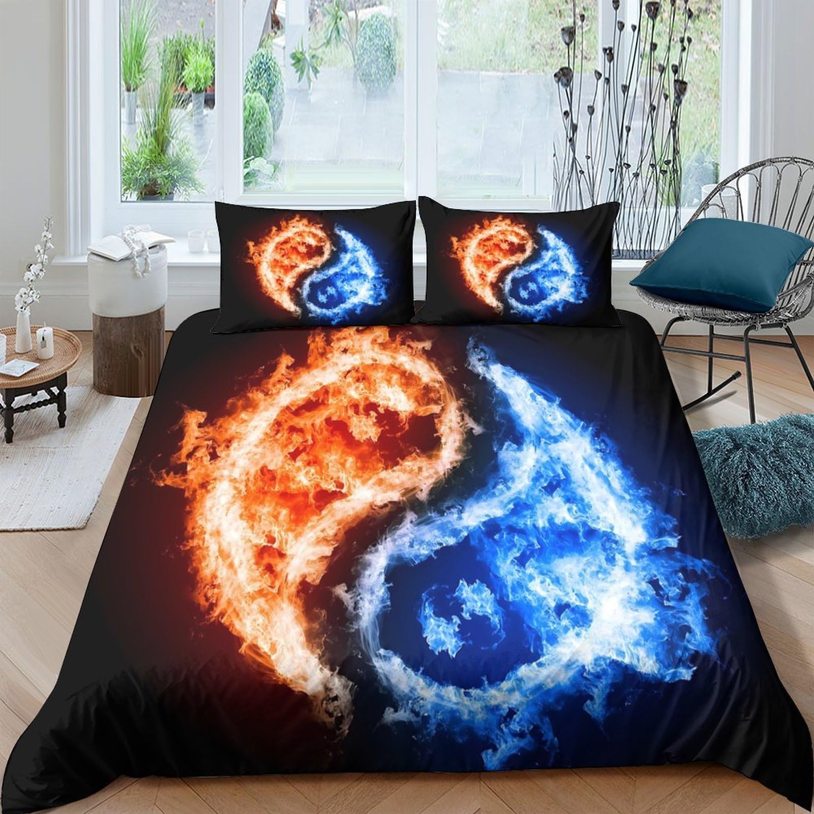 GPLZQXKJNH 3D Printed Fire Ice Yin Yang Duvet Cover Microfiber Breathable Quilt Cover Set with 2 Pillowcases for Bedroom Decor Single（135x200cm）