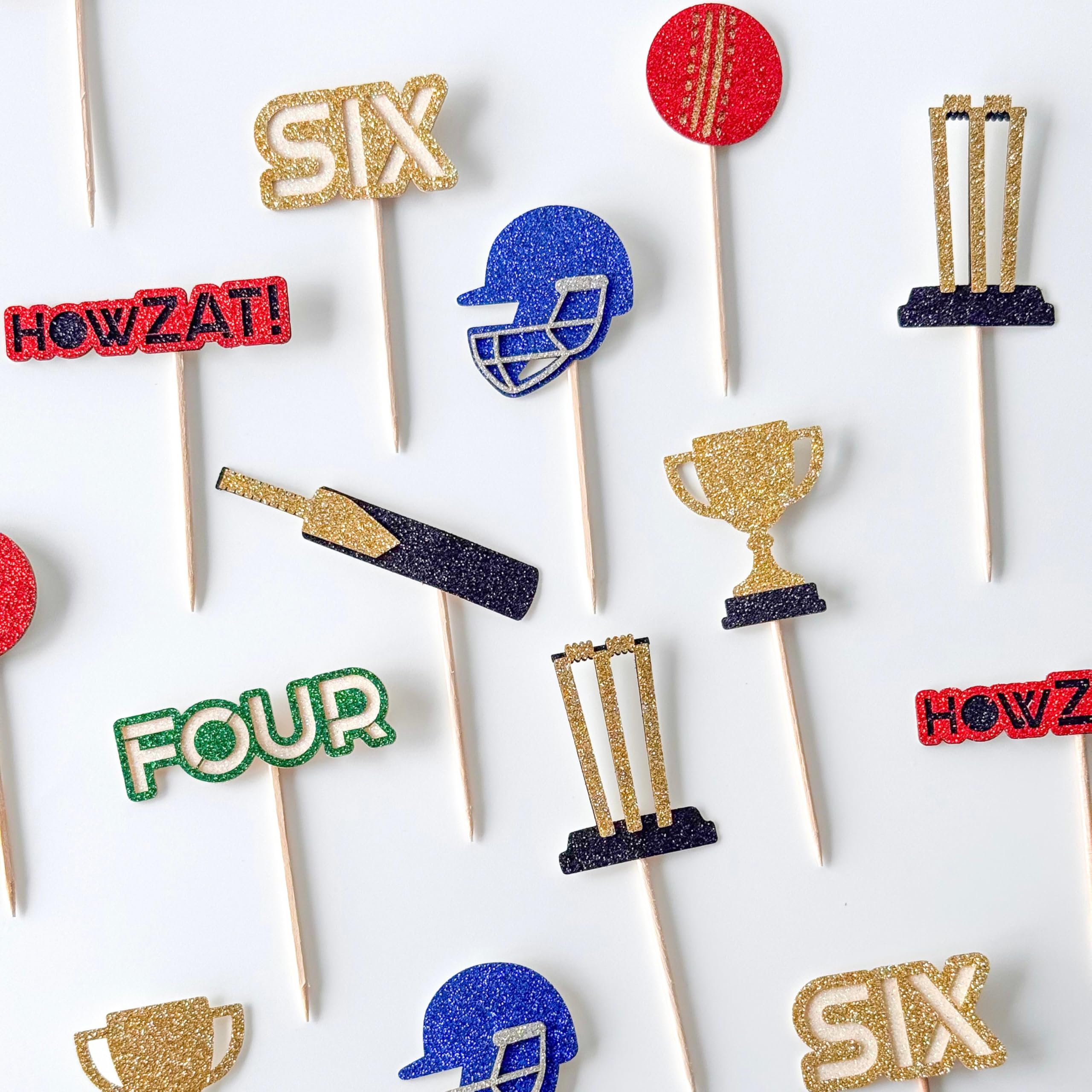 Photo 1 of 24PCS Cricket Cupcake Toppers – Glitter Sports Theme Party Picks | Birthday, Cricket League, T20, Championship, Tournament & Sports Day Decorations