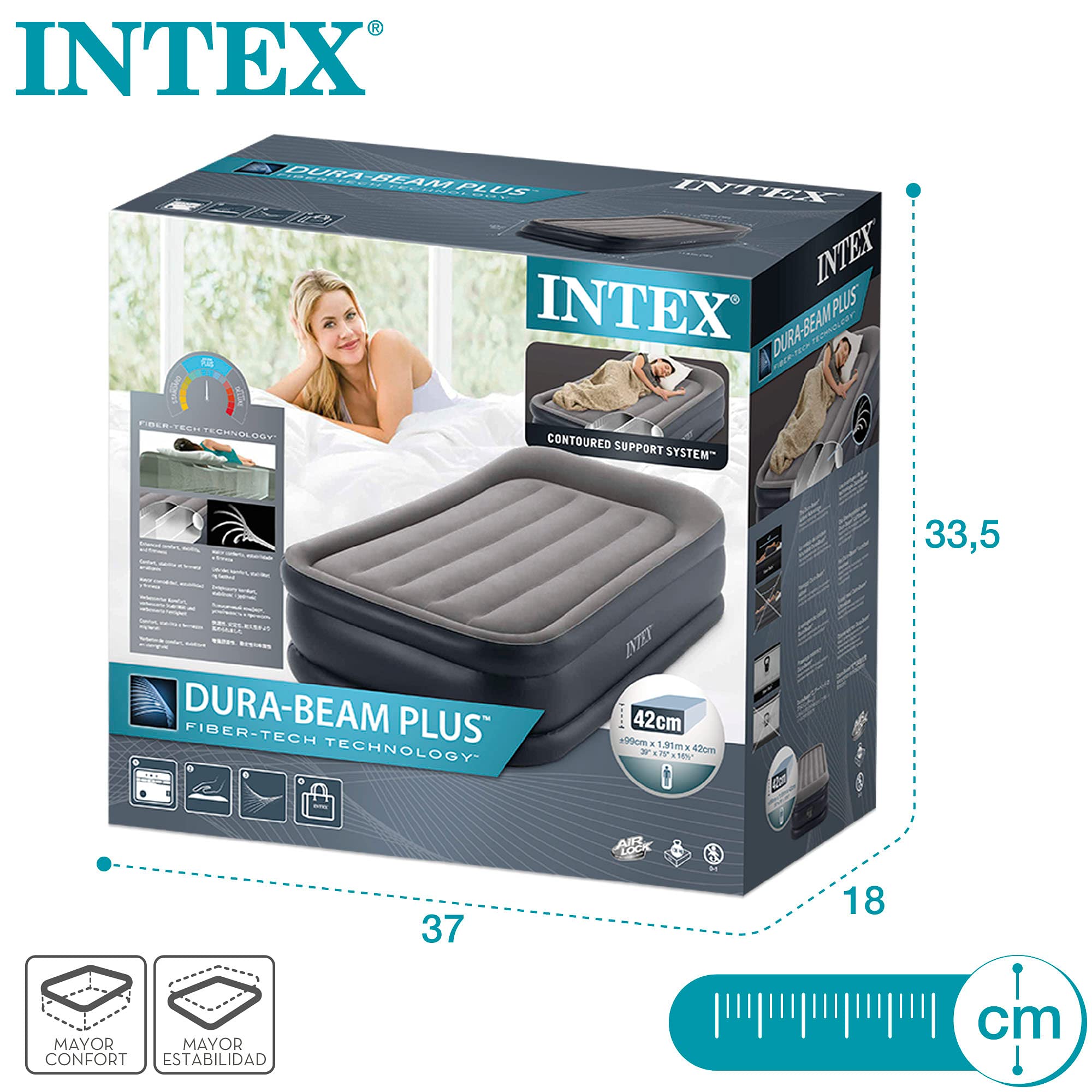 Intex 64132 - Colchón Hinchable, Dura-Beam Plus Deluxe Pillow, Medidas 99x191x42 cm