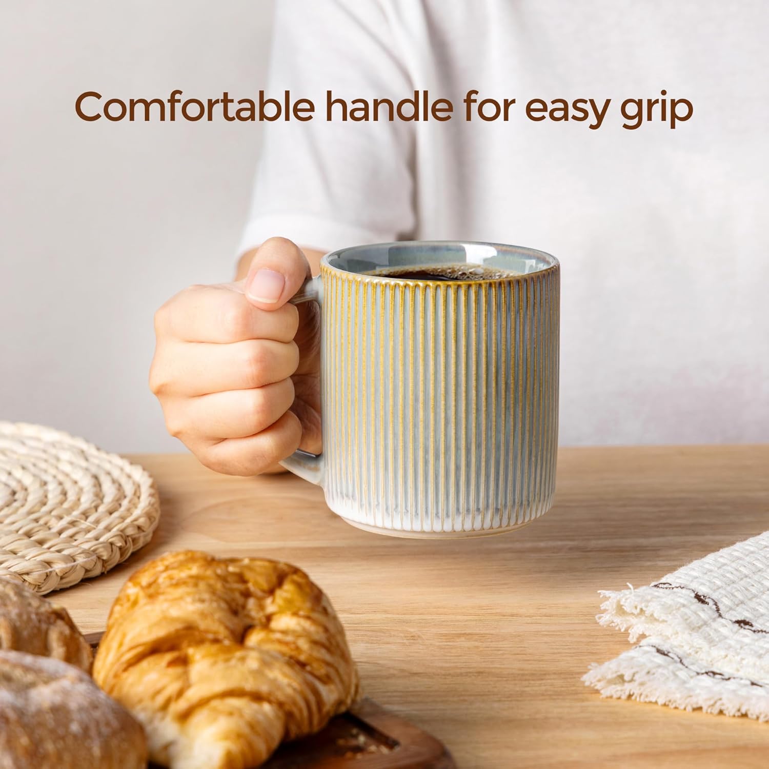 theterra Ceramic Coffee Mugs Set of 6, 14.2oz Handmade Coffee Cups with Handle for Latte, Tea, Milk, Beer, Hot Cocoa, Desert Sage