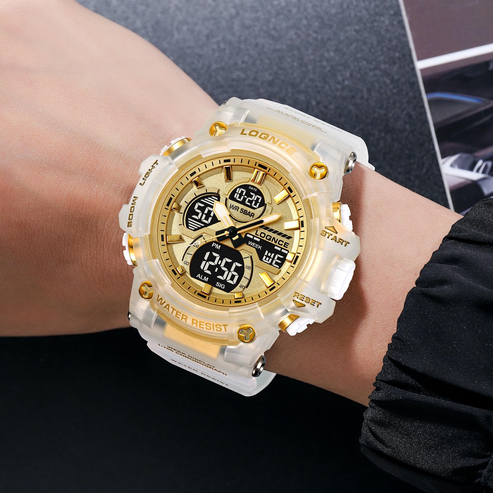 FANMIS Reloj deportivo analógico digital para hombre, color dorado transparente, resistente al agua hasta 50 m, con retroiluminación LED, cronómetro, alarma, reloj casual para hombre