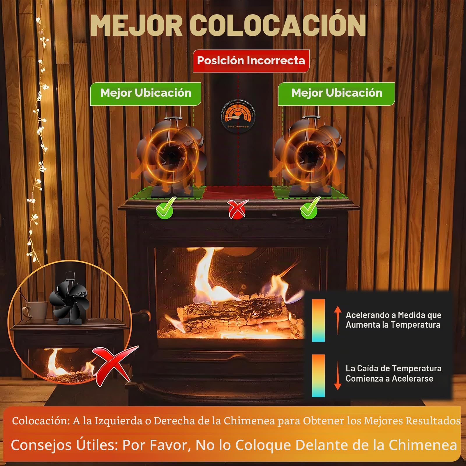 Ventilador de chimenea,Ventilador de estufa de 6 palas,con termómetro magnético y Guantes,Circulación de Aire Caliente,Ventilador no eléctrico,para leña/leña/chimenea para estufas de leña.