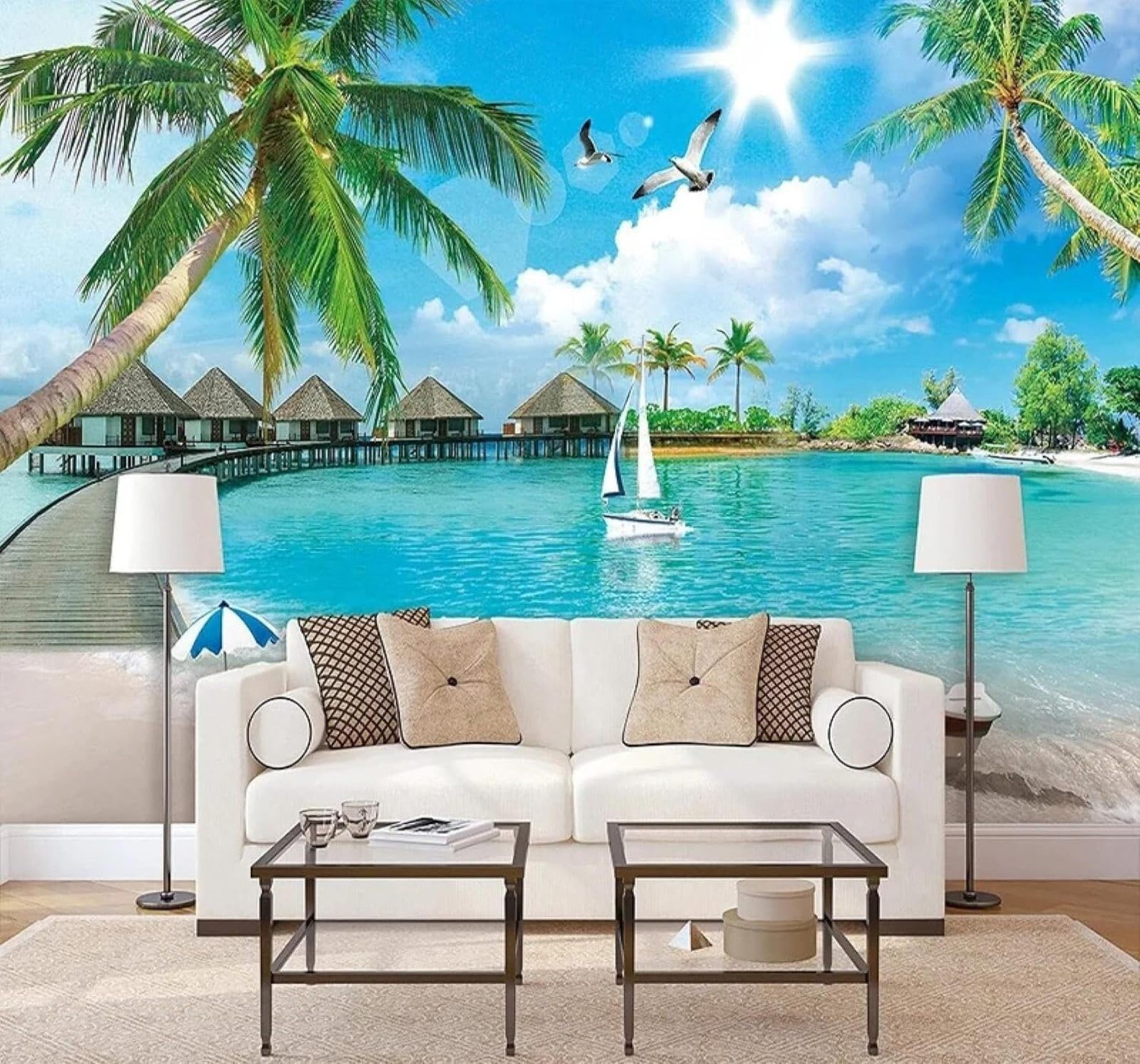 XLMING Beautiful Ocean Beach Coconut Trees Seascape 3D Wallpaper Luxury Home Dining Decor Paste Sofa Living Room The Wall for Bedroom Mural-350cm×256cm