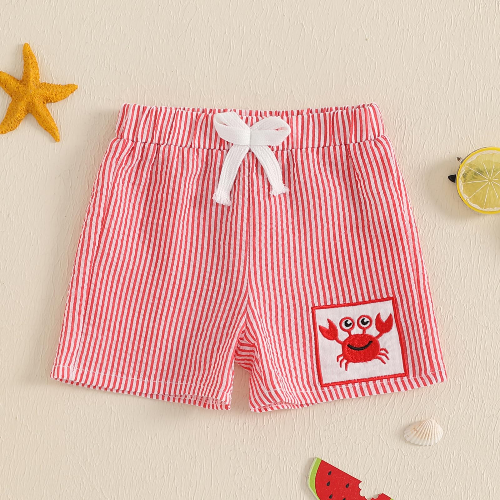 Finegoodwei Toddler Boys Shorts Stripe Crab Embroidery Elastic Waist Short Pants Kids Summer Casual Fashion Shorts (Orange, 18-24 Months)
