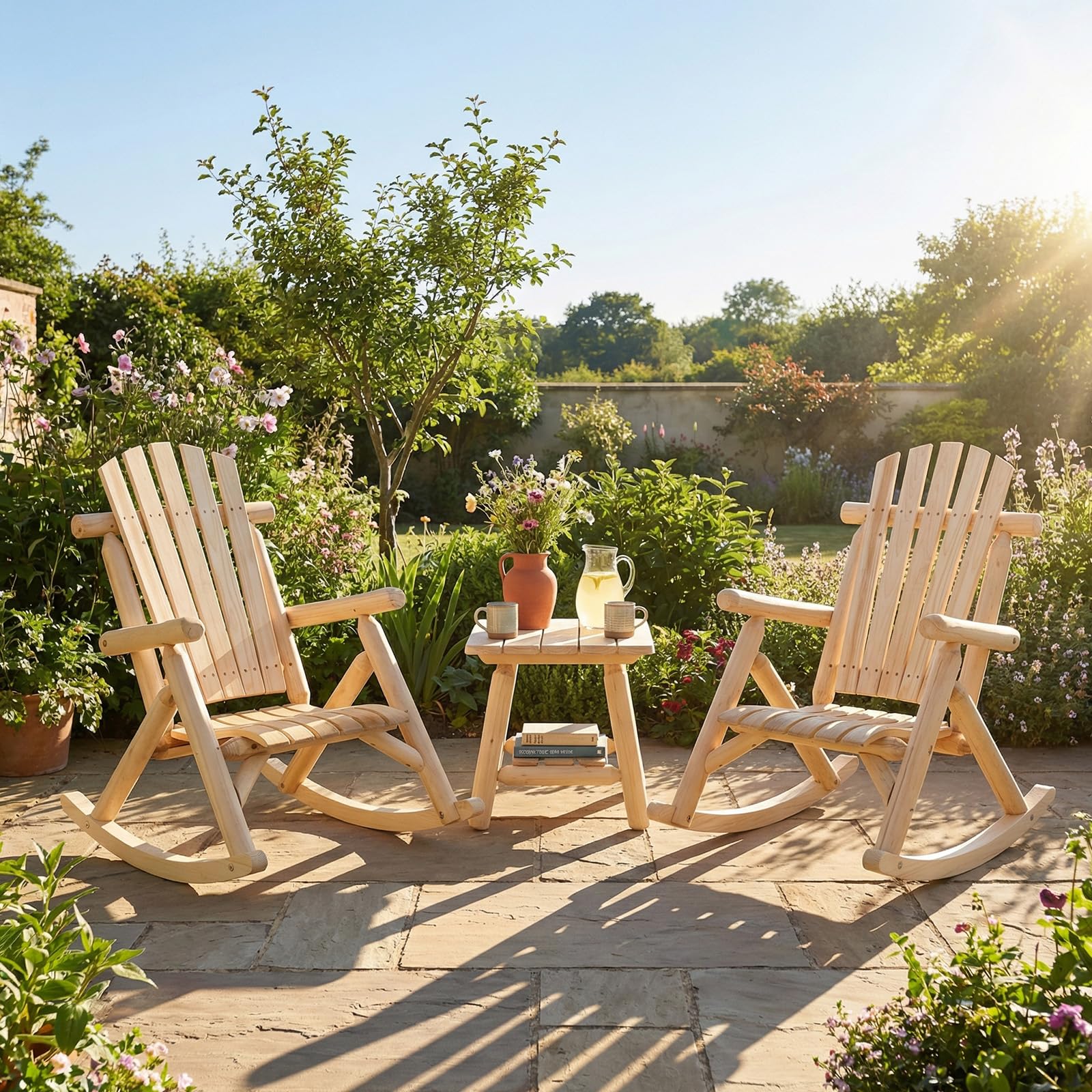 COSTWAY Fauteuil à Bascule Adirondack Exterieur Interieur, Rocking Chair en Bois Massif, Siège Incurvé, Haut Dossier Éventail, Chaise pour Jardin Terrasse Balcon, Charge 150 kg, 99 x 68 x 99 cm