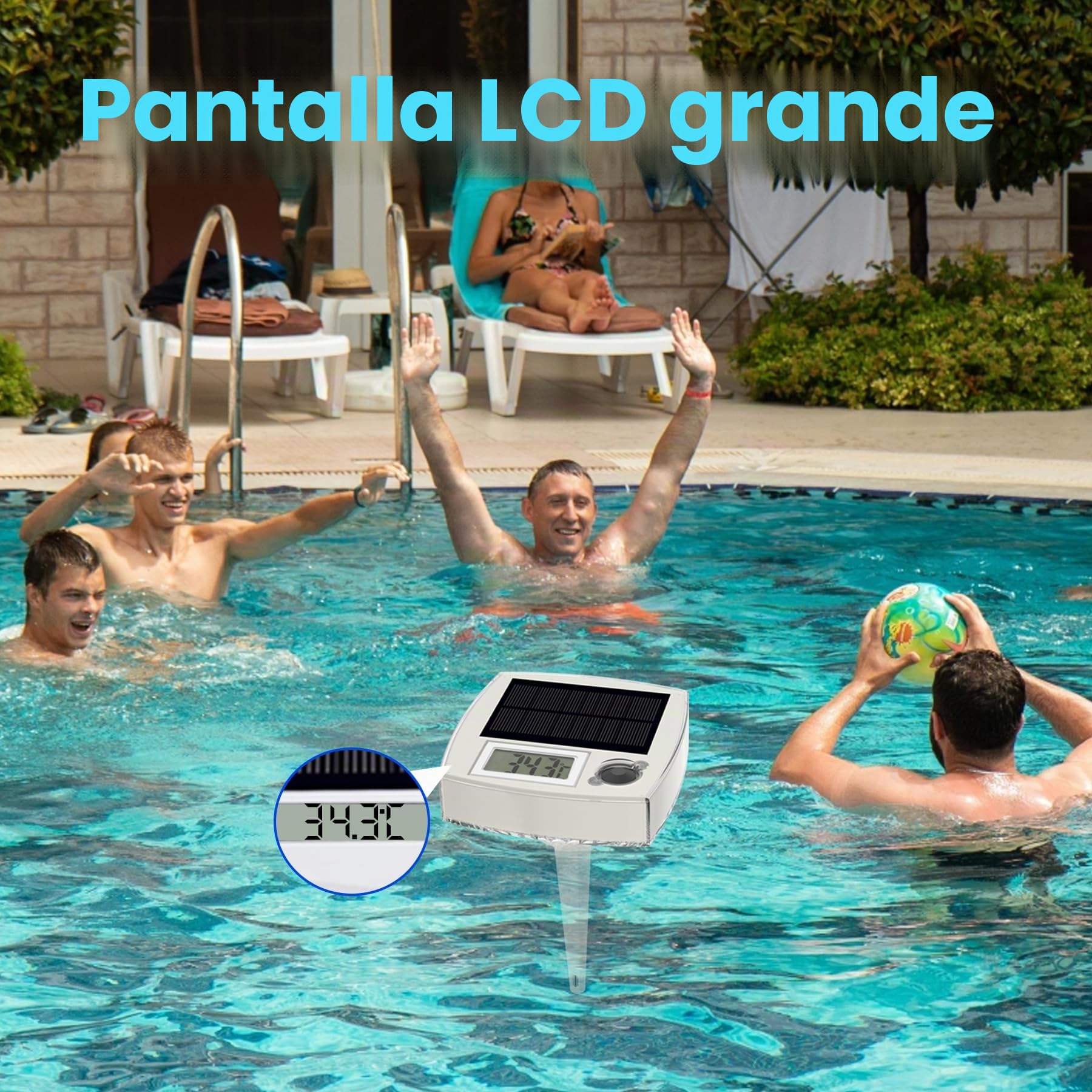 Termómetro solare digitale 2 in 1, Termómetro solar para piscina galleggiante con grande display LCD e illuminazione LED RGB per piscina. Impermeabile IP68.
