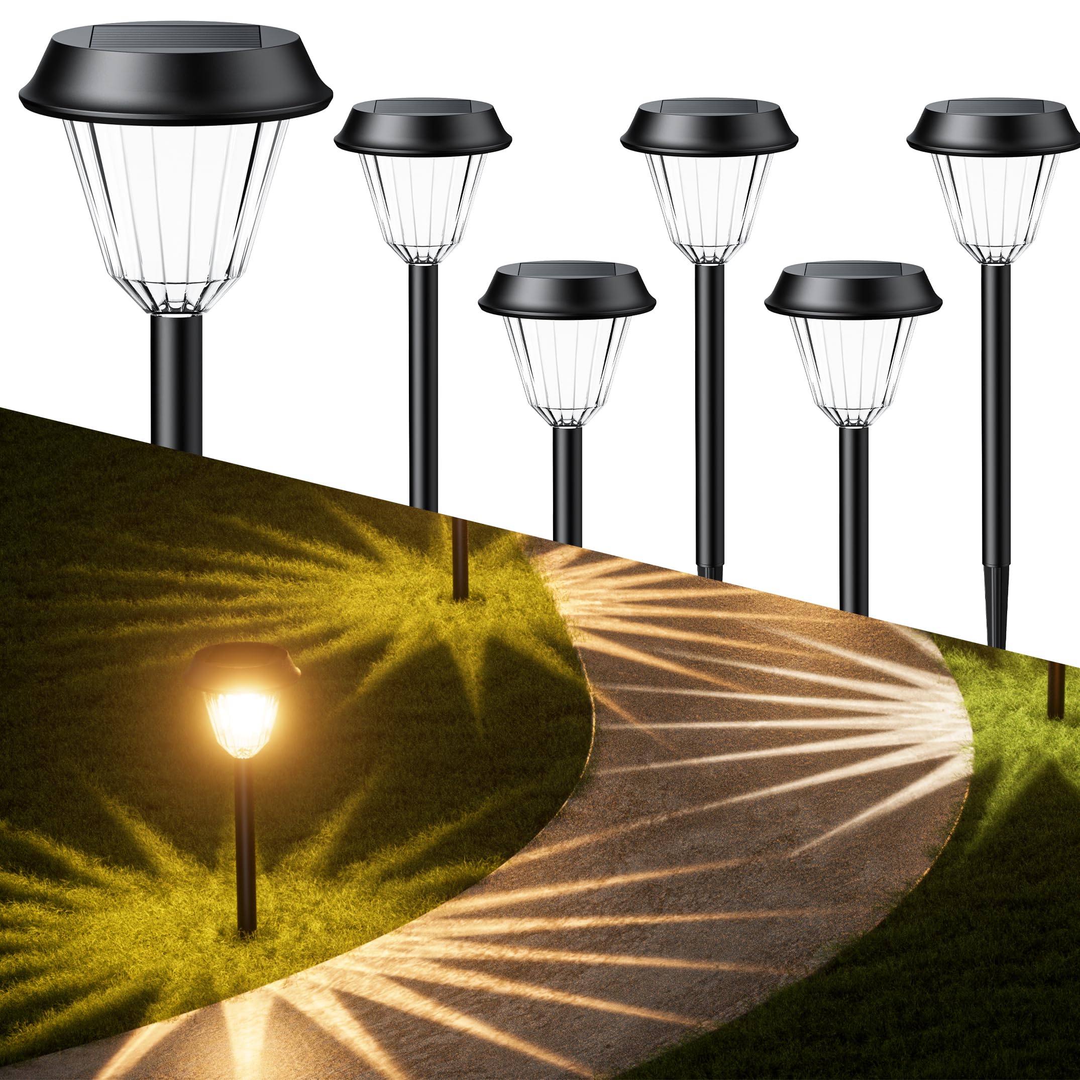 Quntis 6 Pack Solar Lights Outdoor Garden Warm White & RGB LED Garden Solar Lights,IP65 Waterproof Solar Powered Pathway Lights with Auto On/Off for Yard Lawn