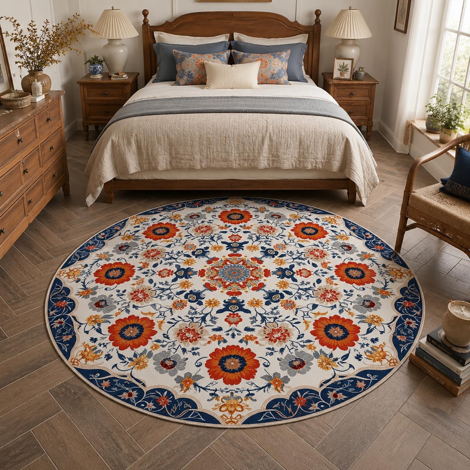 Tapis rond 80 cm vintage à motifs floraux multicolores pour protection de sol de bureau