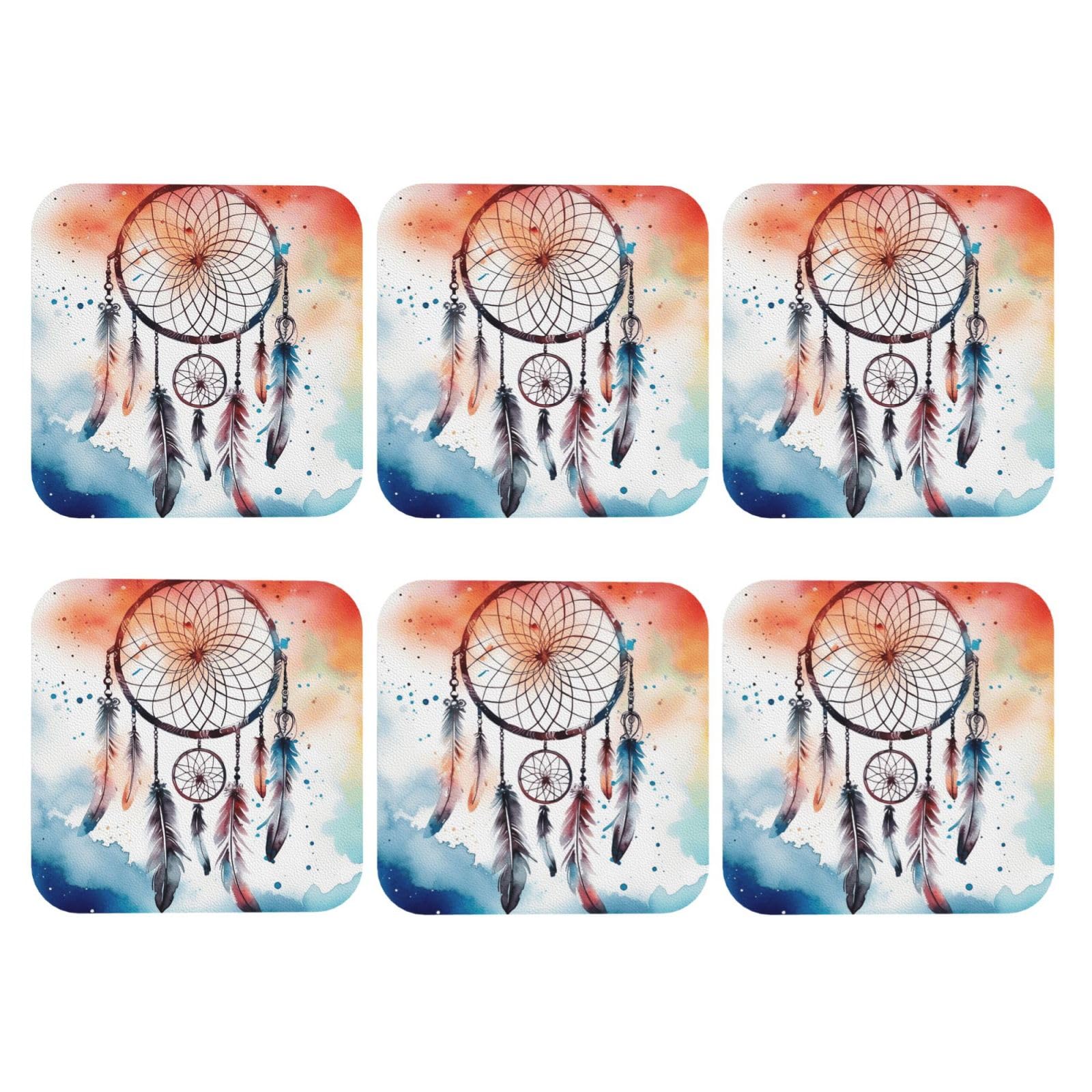 6pcs Leather Coasters for Drinks, Watercolor Dream Catcher Drink Coasters for Tabletop Protection, 4" Cup Coasters for Coffee Table Decor, Non-Slip Drinking Cup Mat for Hot Or Cold Drink