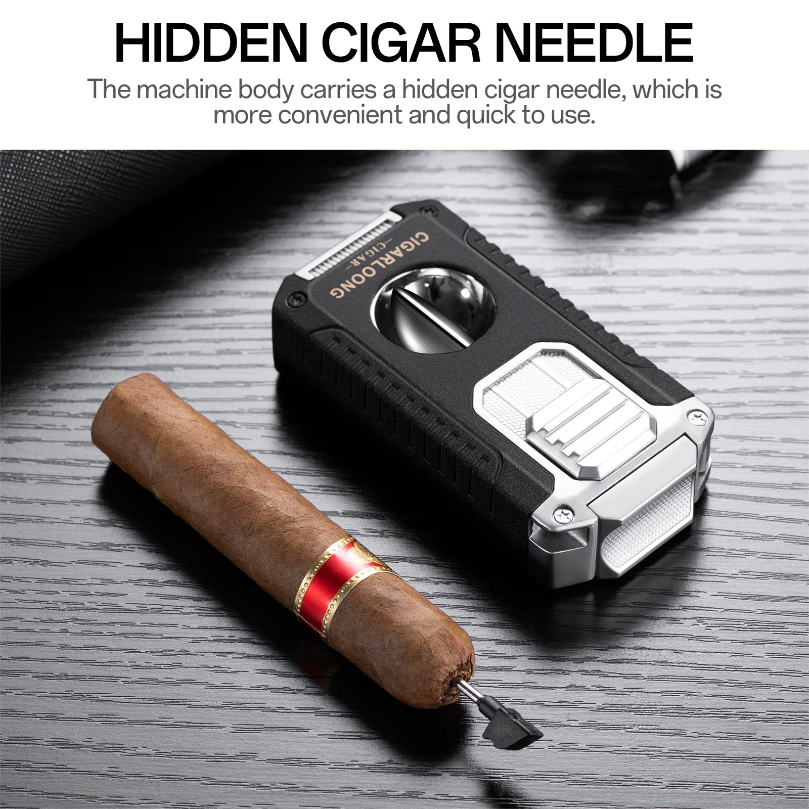 Briquet à Cigare Multifonction 5 en 1 avec Coupe Cigare en V, poinçon, Aiguilles, Porte-Cigare Le Support, Briquet Butane à Triple Jet de Flamme, sans Gaz (Noir)