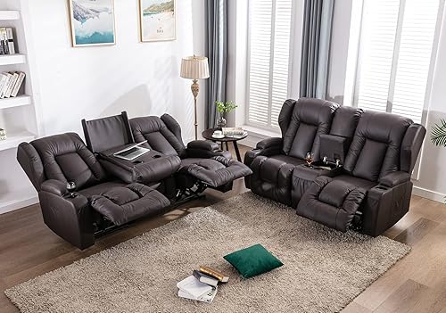 Miniatura 7 de VUYUYU Juego de sofá reclinable para sala de estar, sofá reclinable tapizado, sofá reclinable de cuero unido manual reclinable (marrón, juego de 3+2)