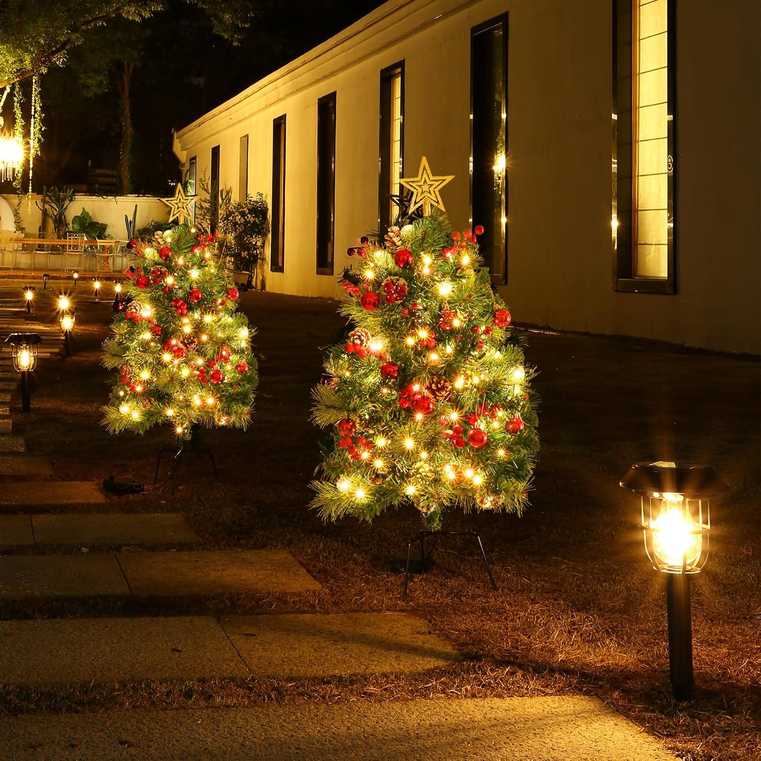 Joyhalo 2.5ft/30in Topsworth Prelit Planter Bushes Christmas, Porch Prelit Christmas Tree Set of 2, Outdoor Urn Filler, Christmas Tree with Lights, Red Berries, Pine Cones, for Pathway Entryway Yard