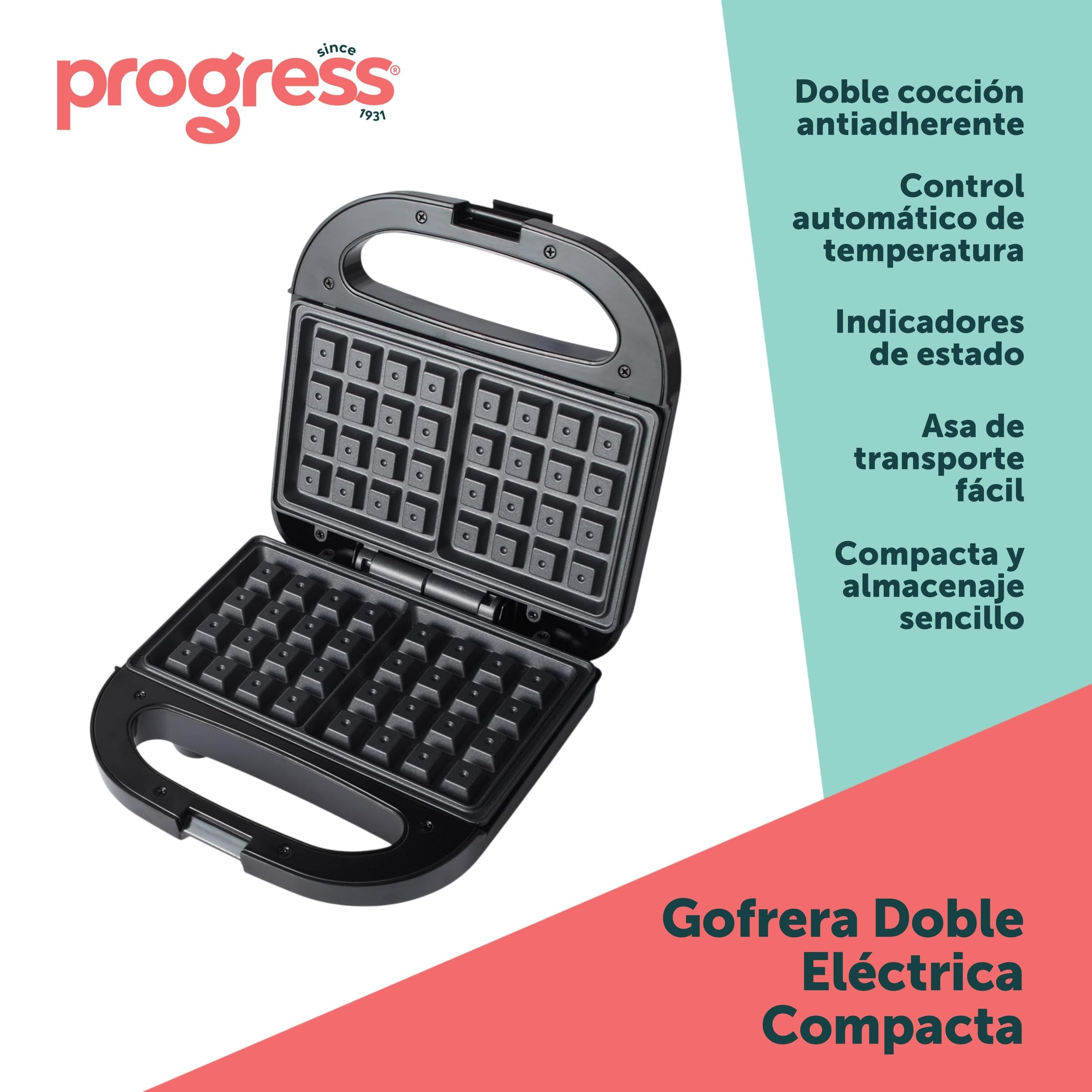 Progress doble Gofrera - eléctrica, placas de cocción antiadherentes, gofrera belga/americana, control automático de temperatura, asa de transporte, indicadores de encendido/preparado, 750 W