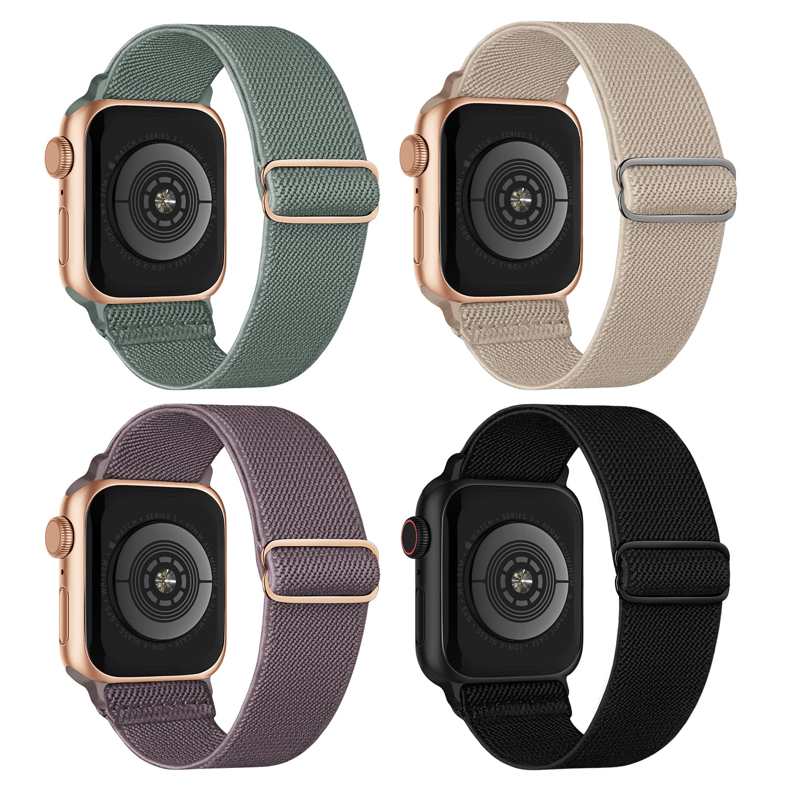 4 Pack Stretchy Solo Loop Compatible with Apple Watch Bands 38mm 40mm 41mm 42mm 44mm 45mm 46mm 49mm Women Men, Sport Nylon Elastic Straps Wristbands