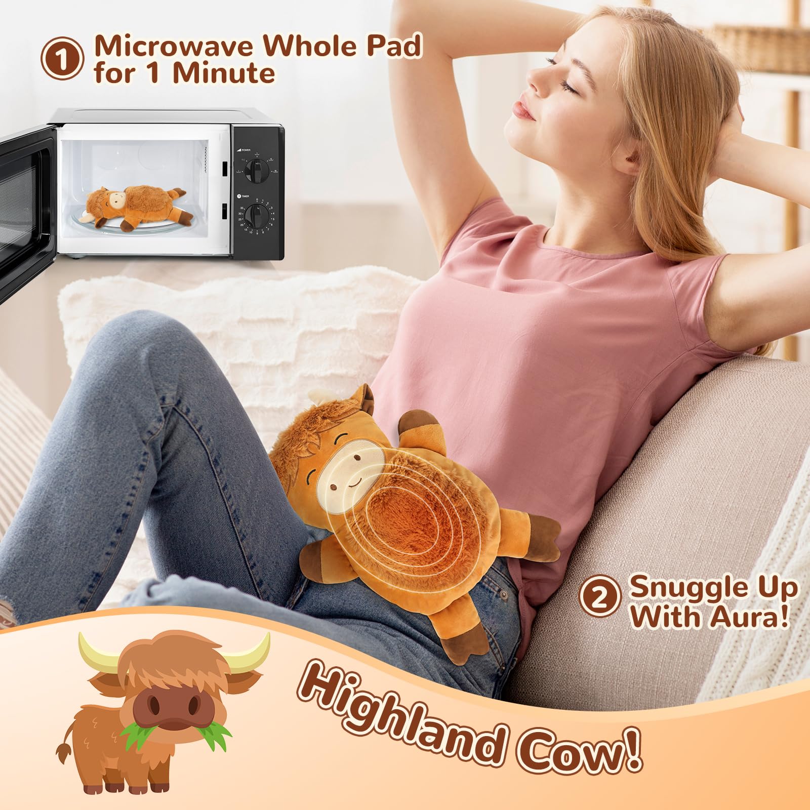 Microwave Heating Pad for Cramps Pain Relief, 19 * 9" Microwavable Heating Pads for Back, Neck Shoulder, Cute Microwave Heating Pad Stuffed Animal, Moist Heat Pack, Lavender: Highland Cow-1