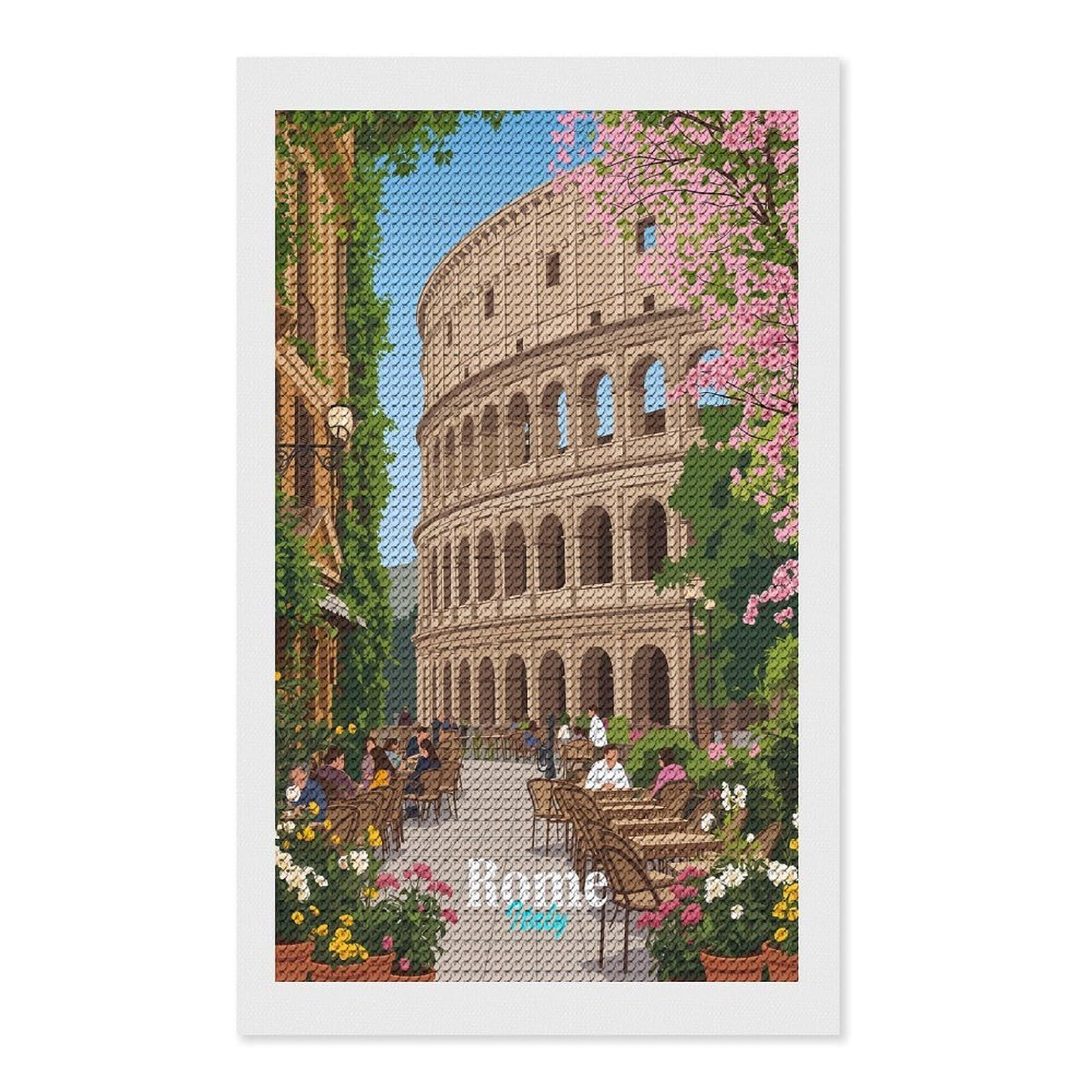 Junmoney Colosseum Cafe Scene in Rome DIY Diamond Art Canvas Kit 12"x20", Farmhouse Decor, Vintage Style Decor, Handmade Wall Decor, Canvas Picture